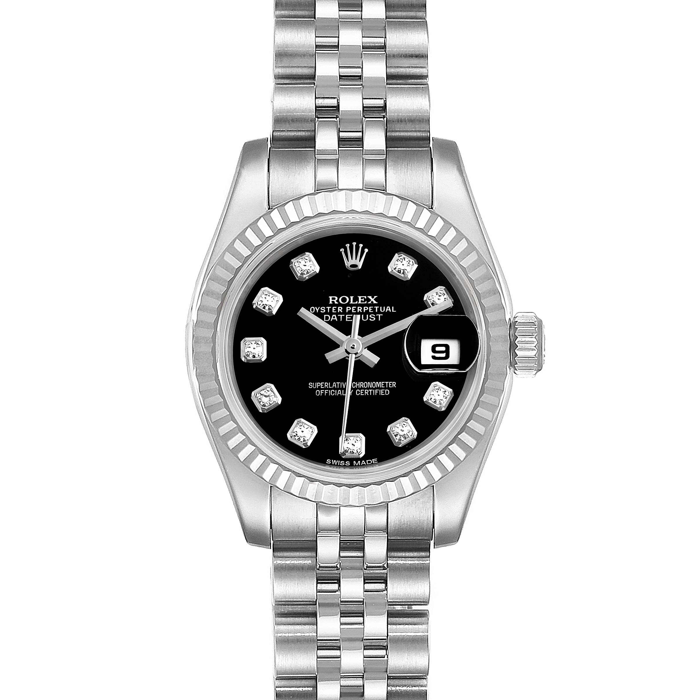 This image shows a front view of the Rolex Datejust 179174  Women's Stainless Steel Black Dial 179174  Women's Stainless Steel Black Dial watch, featuring a black dial, diamond hour markers, and a stainless steel bracelet.