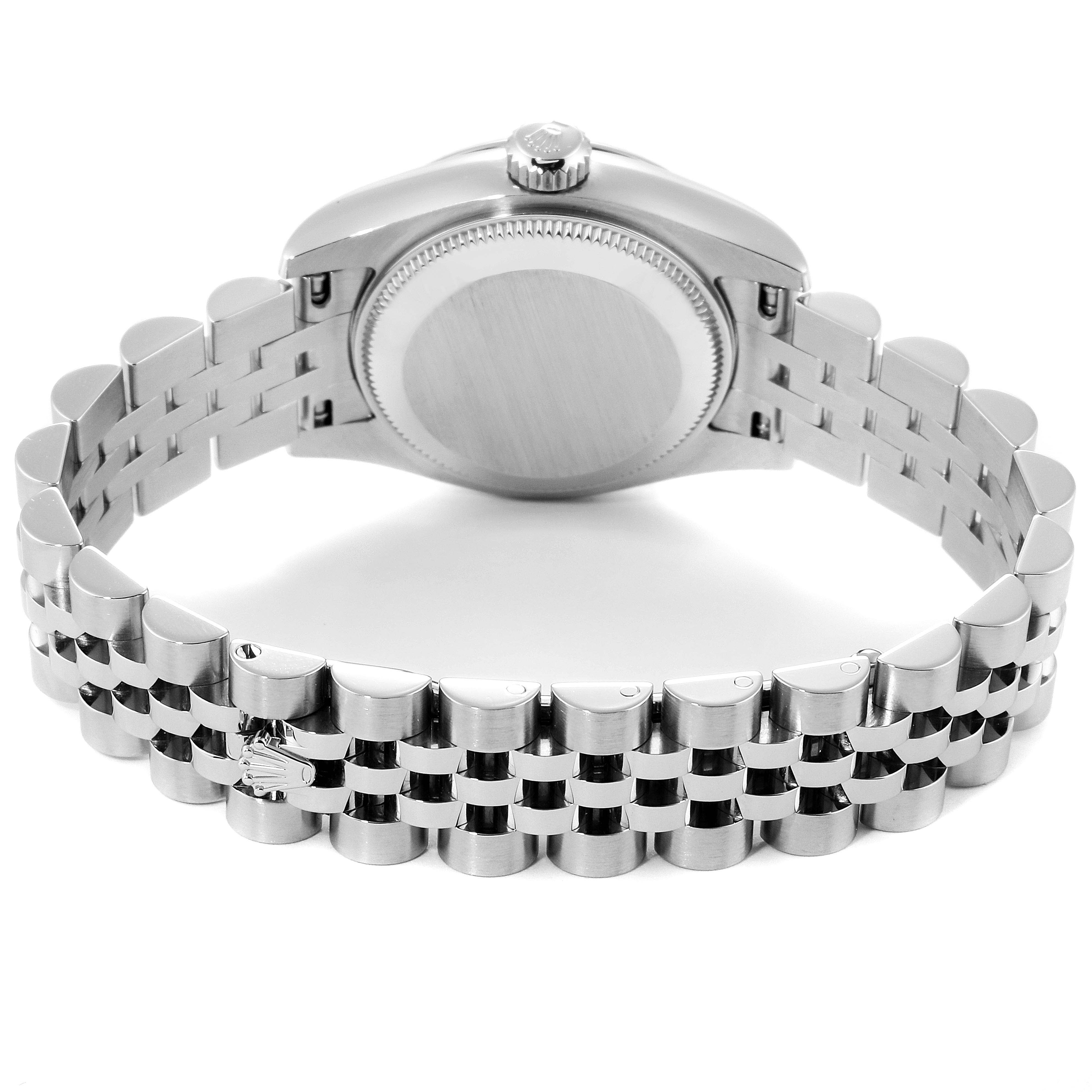 The image shows the back case and bracelet of a Rolex Datejust 179174  Women's Stainless Steel Black Dial 179174  Women's Stainless Steel Black Dial watch from a straight-on, rear angle.