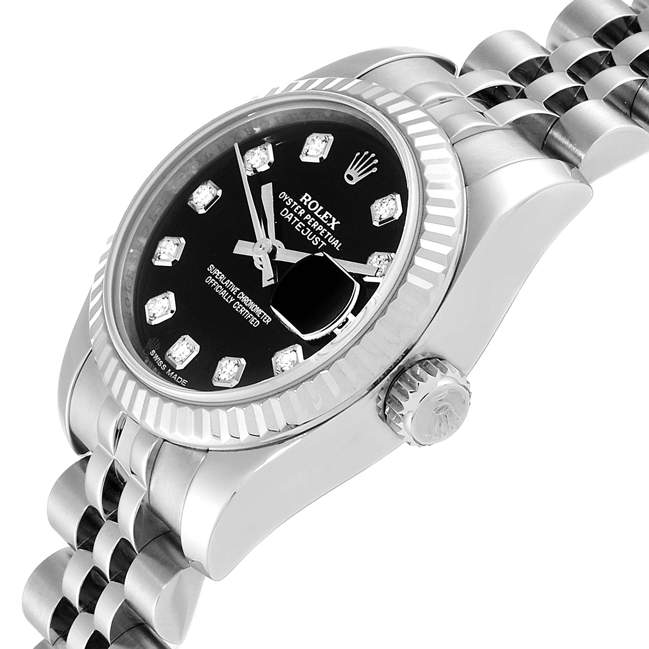 This image shows the front and side view of a Rolex Datejust 179174  Women's Stainless Steel Black Dial 179174  Women's Stainless Steel Black Dial watch, highlighting the dial, bezel, crown, and portion of the bracelet.