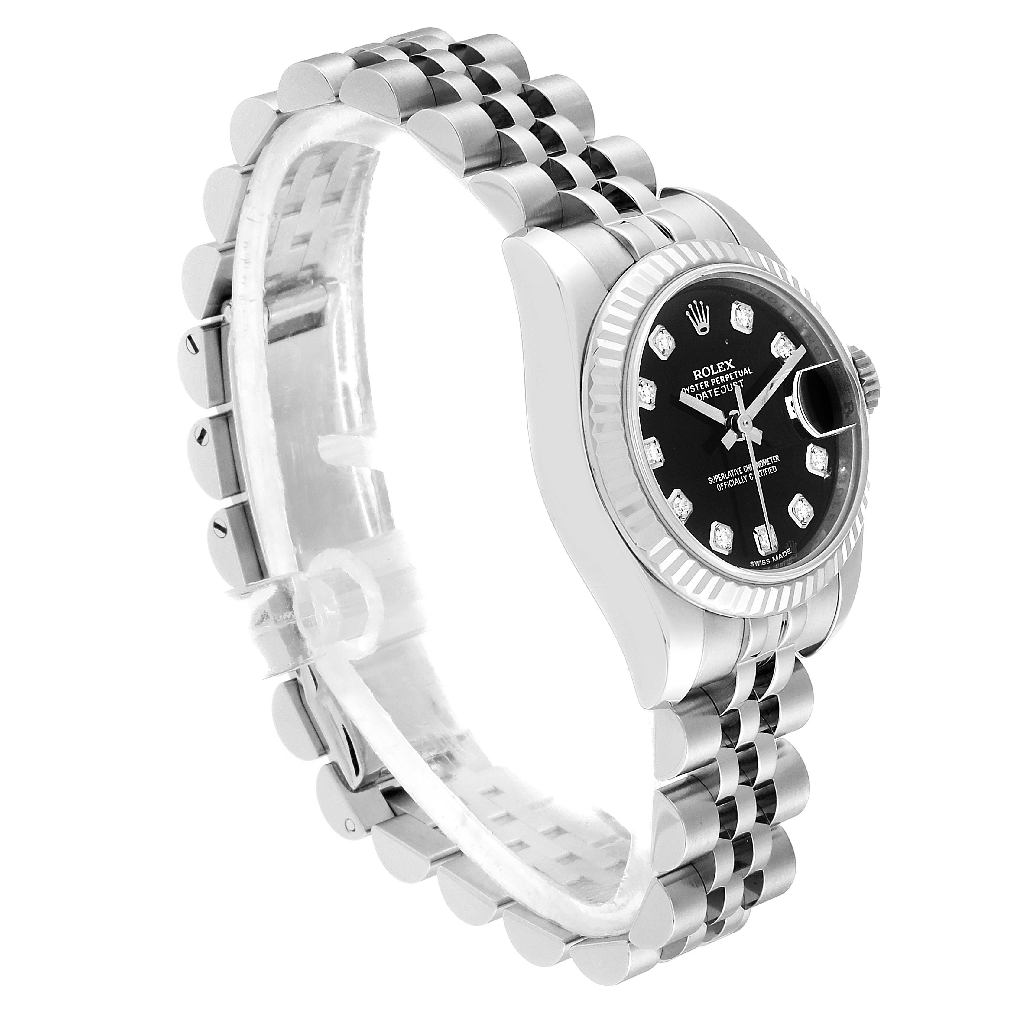 The Rolex Datejust 179174  Women's Stainless Steel Black Dial 179174  Women's Stainless Steel Black Dial watch is shown at a three-quarter angle, highlighting the bracelet, bezel, and black diamond dial.
