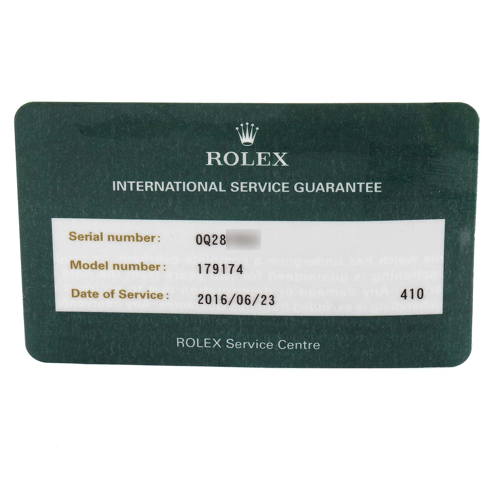 The image shows a Rolex International Service Guarantee card for the Rolex Datejust 179174  Women's Stainless Steel Black Dial 179174  Women's Stainless Steel Black Dial model.