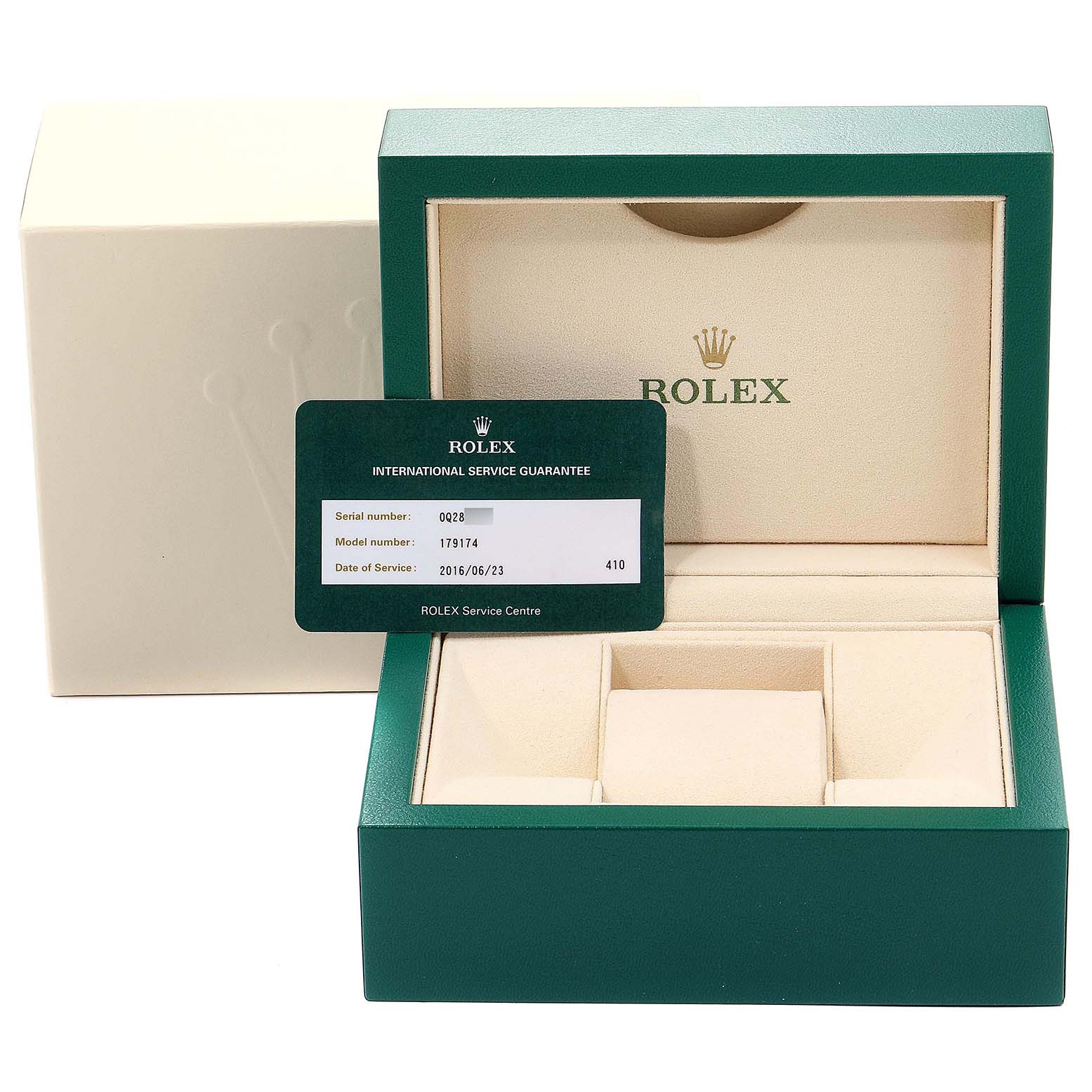 The image shows a packaging box and a service guarantee card for a Rolex Datejust 179174  Women's Stainless Steel Black Dial 179174  Women's Stainless Steel Black Dial watch.
