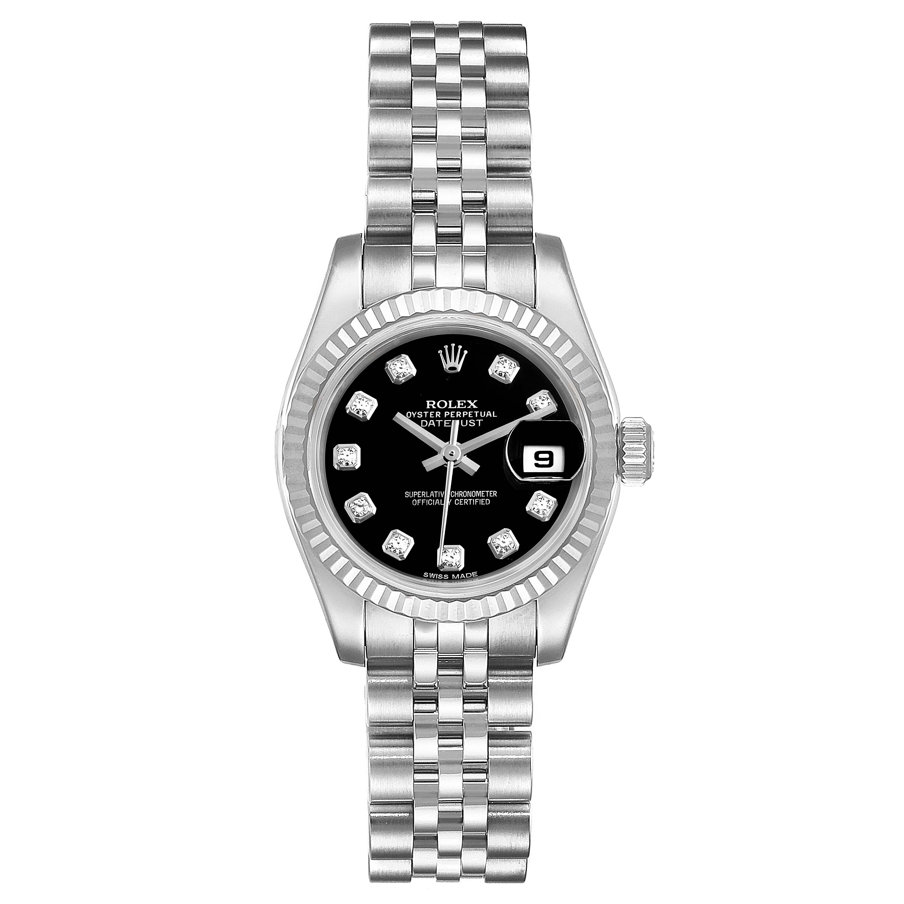 The image shows a front view of a Rolex Datejust 179174  Women's Stainless Steel Black Dial 179174  Women's Stainless Steel Black Dial watch, displaying the dial, bezel, case, and bracelet.