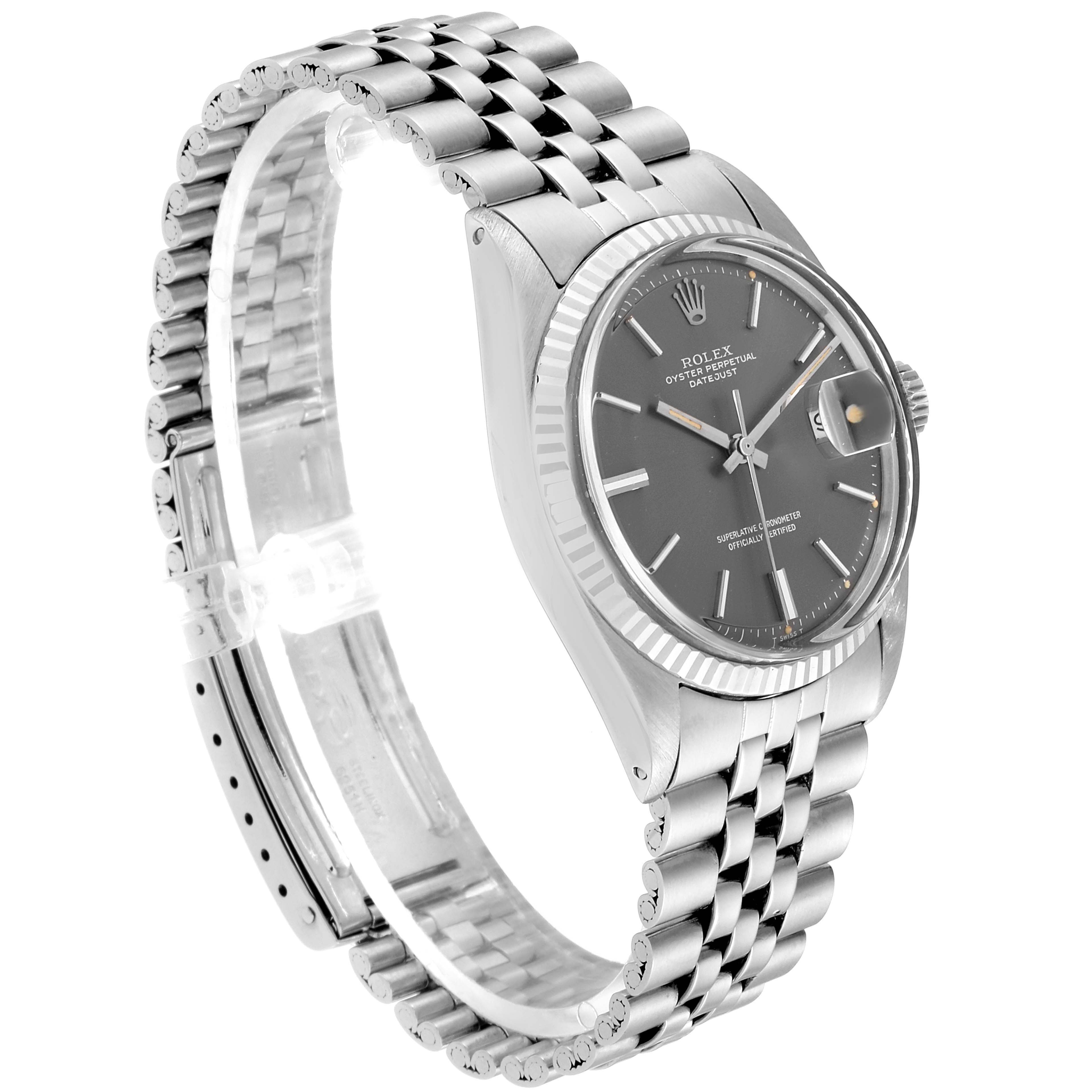 This Rolex Vintage Collection 1601 Men's Stainless Steel Grey Dial 1601 Men's Stainless Steel Grey Dial watch is shown in a left-side angle, displaying the dial, bezel, and bracelet.