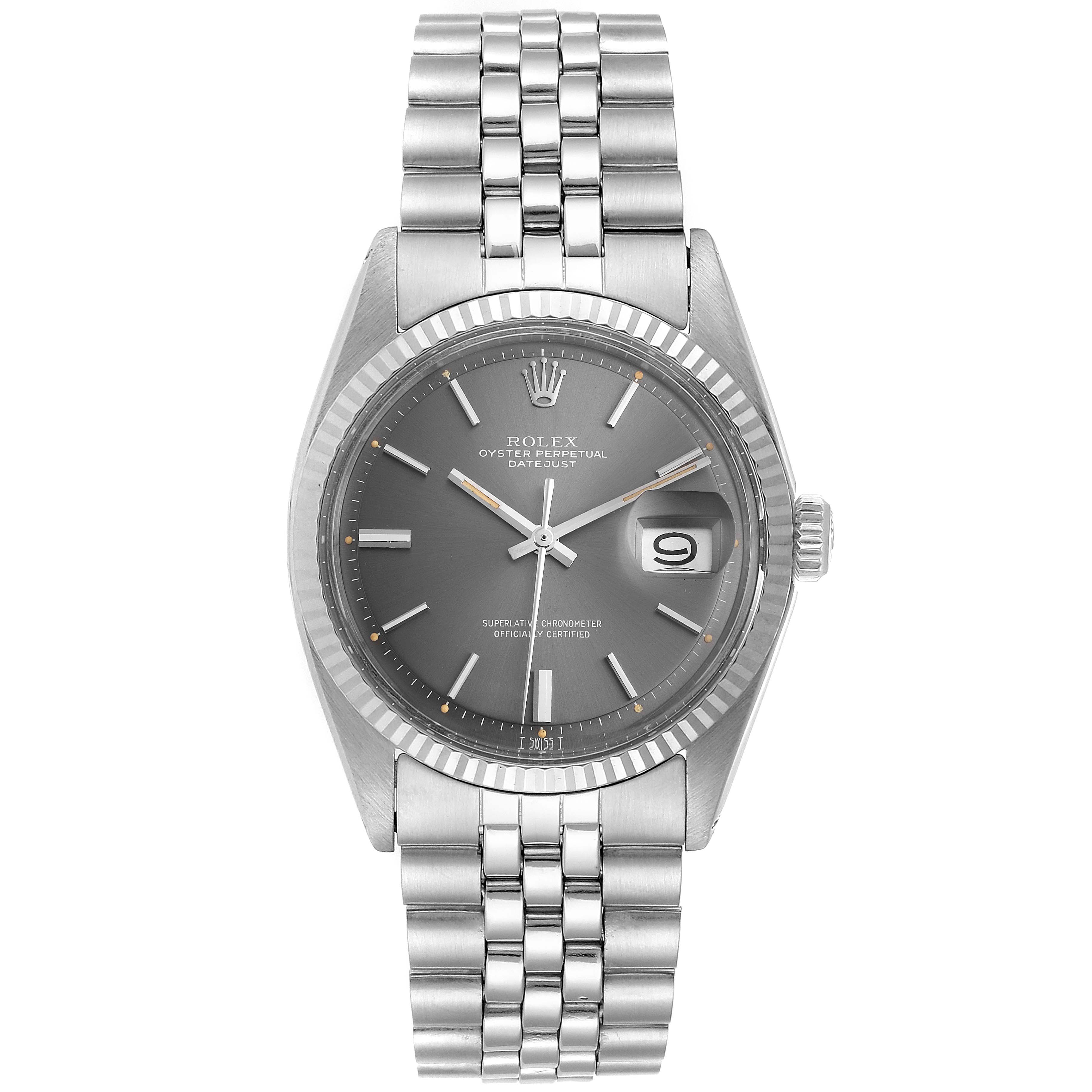 The image shows a front view of the Rolex Vintage Collection 1601 Men's Stainless Steel Grey Dial 1601 Men's Stainless Steel Grey Dial model, featuring the dial, bracelet, and date window.