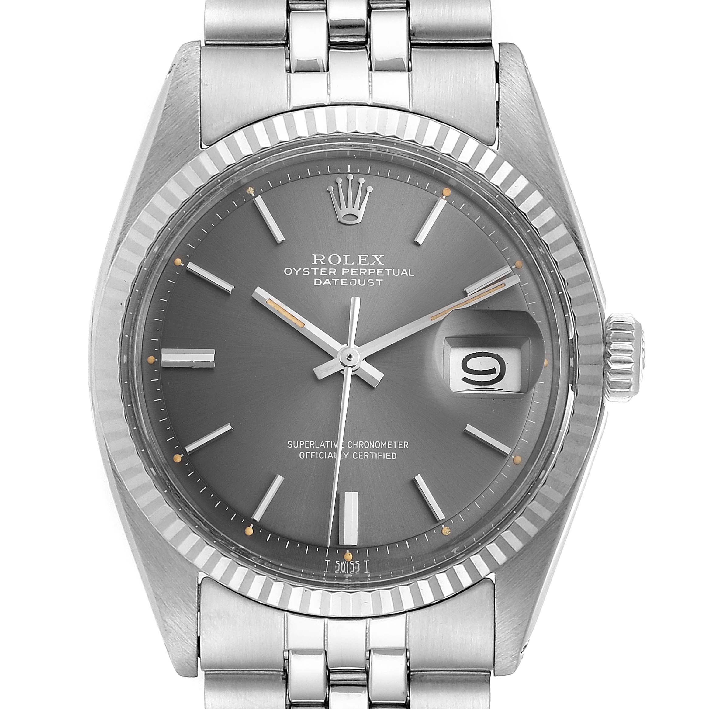 The Rolex Vintage Collection 1601 Men's Stainless Steel Grey Dial 1601 Men's Stainless Steel Grey Dial watch model is shown from a front angle, displaying the dial, bezel, and part of the bracelet.
