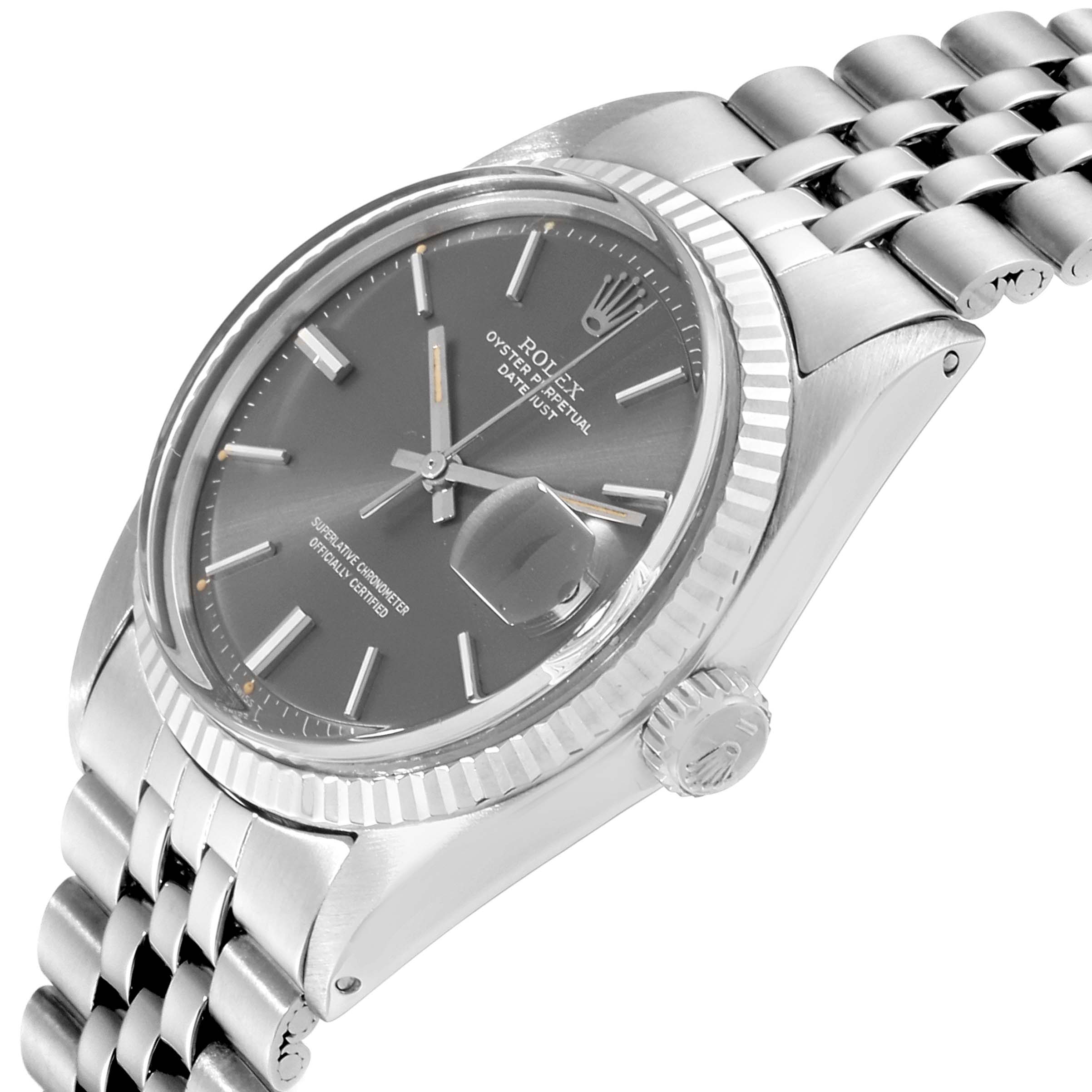 The Rolex Vintage Collection 1601 Men's Stainless Steel Grey Dial 1601 Men's Stainless Steel Grey Dial model is shown at an angled view, highlighting the dial, bezel, crown, and part of the bracelet.