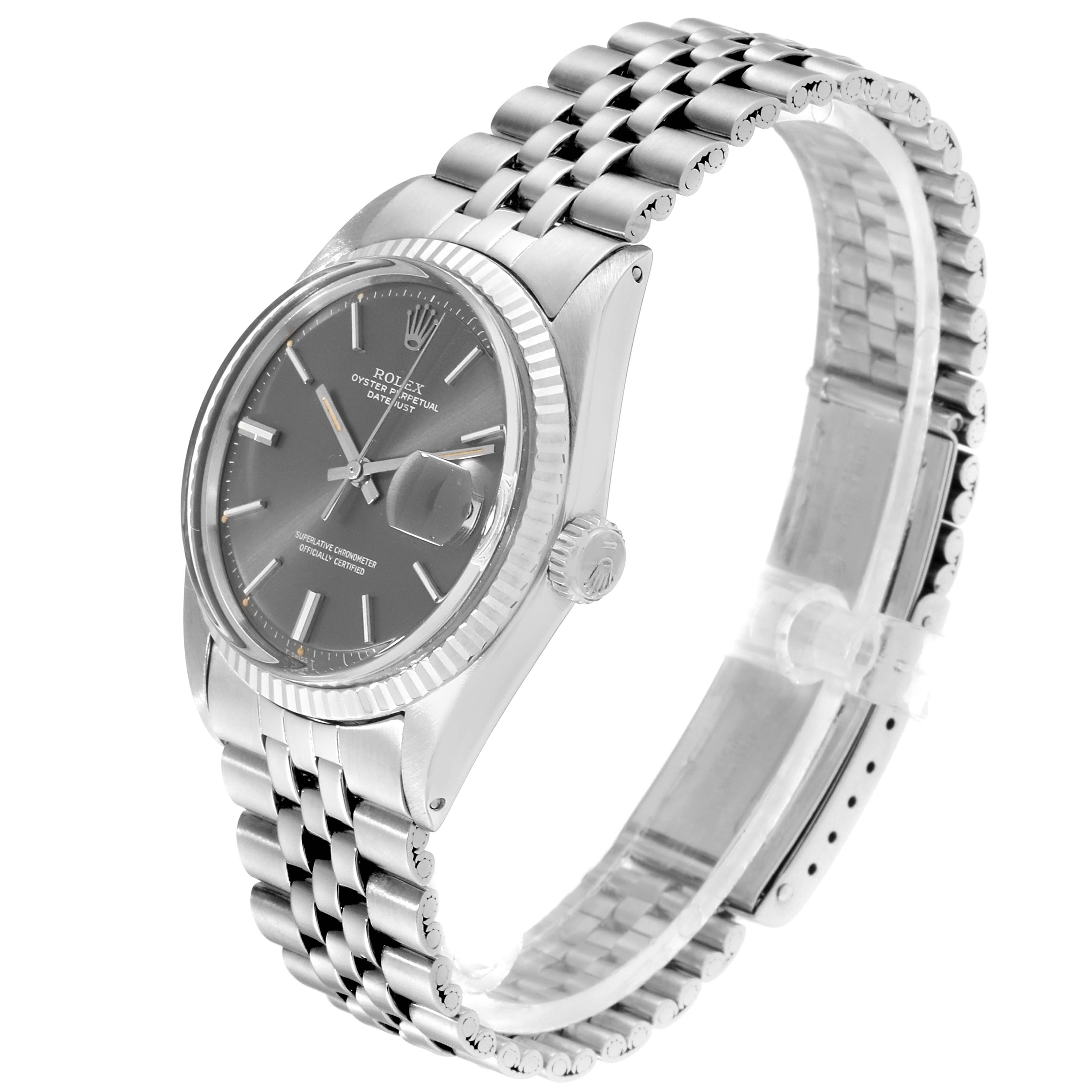 The Rolex Vintage Collection 1601 Men's Stainless Steel Grey Dial 1601 Men's Stainless Steel Grey Dial watch is angled from the front-left side, showing the dial, bezel, crown, and part of the metal bracelet.