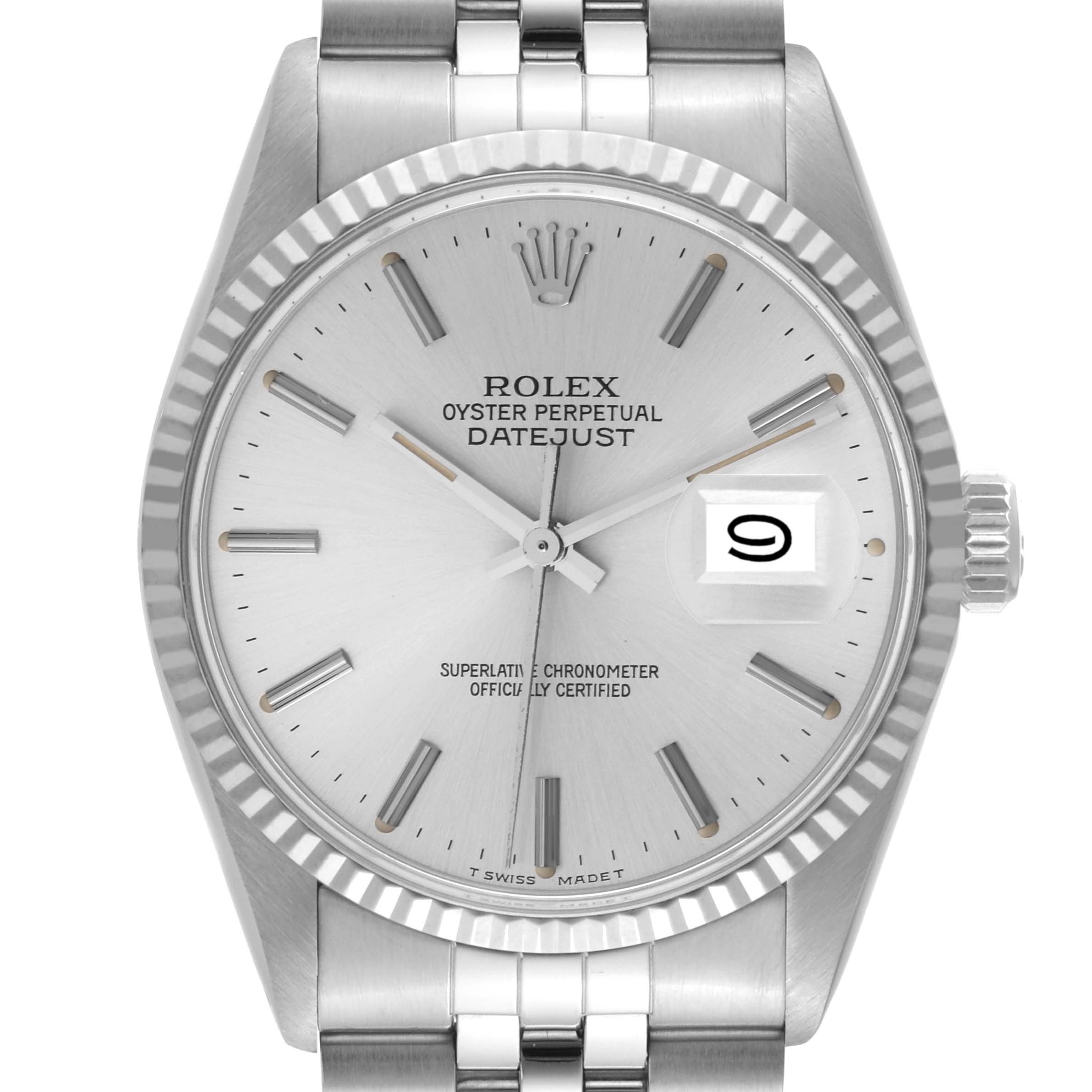 The image shows a frontal view of the Rolex Datejust 16014 Men's Stainless Steel Silver Dial 16014 Men's Stainless Steel Silver Dial watch, highlighting its dial, date window, bezel, and part of the bracelet.