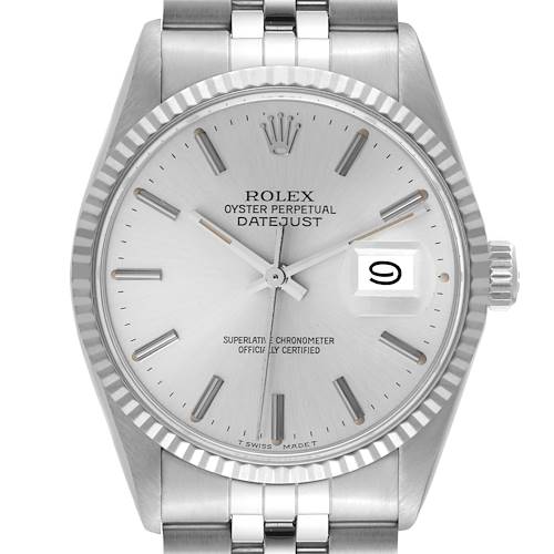 This image shows the front view of a Rolex Datejust watch, featuring the dial, fluted bezel, and part of the bracelet.