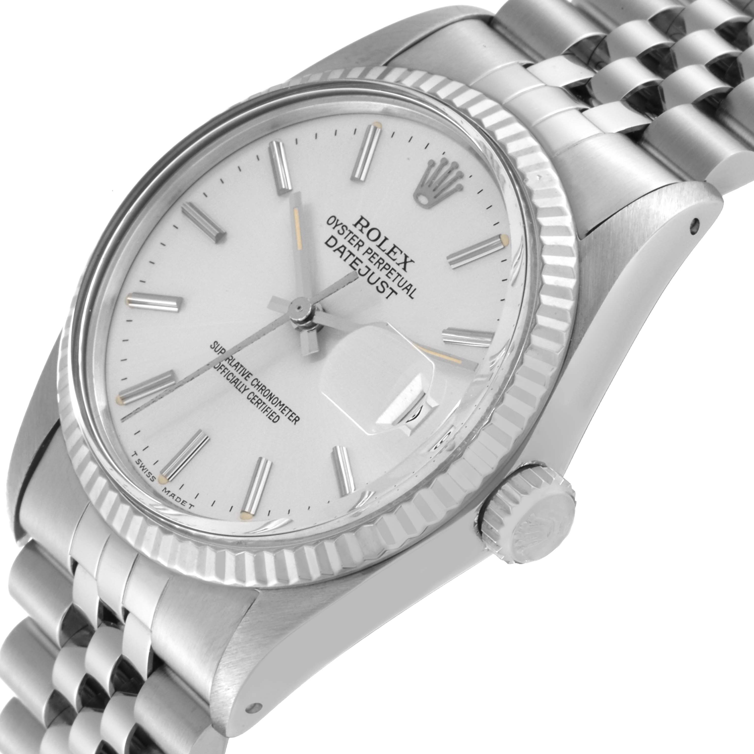 This image shows a Rolex Datejust 16014 Men's Stainless Steel Silver Dial 16014 Men's Stainless Steel Silver Dial watch from a side angle, highlighting its dial, bezel, and bracelet.