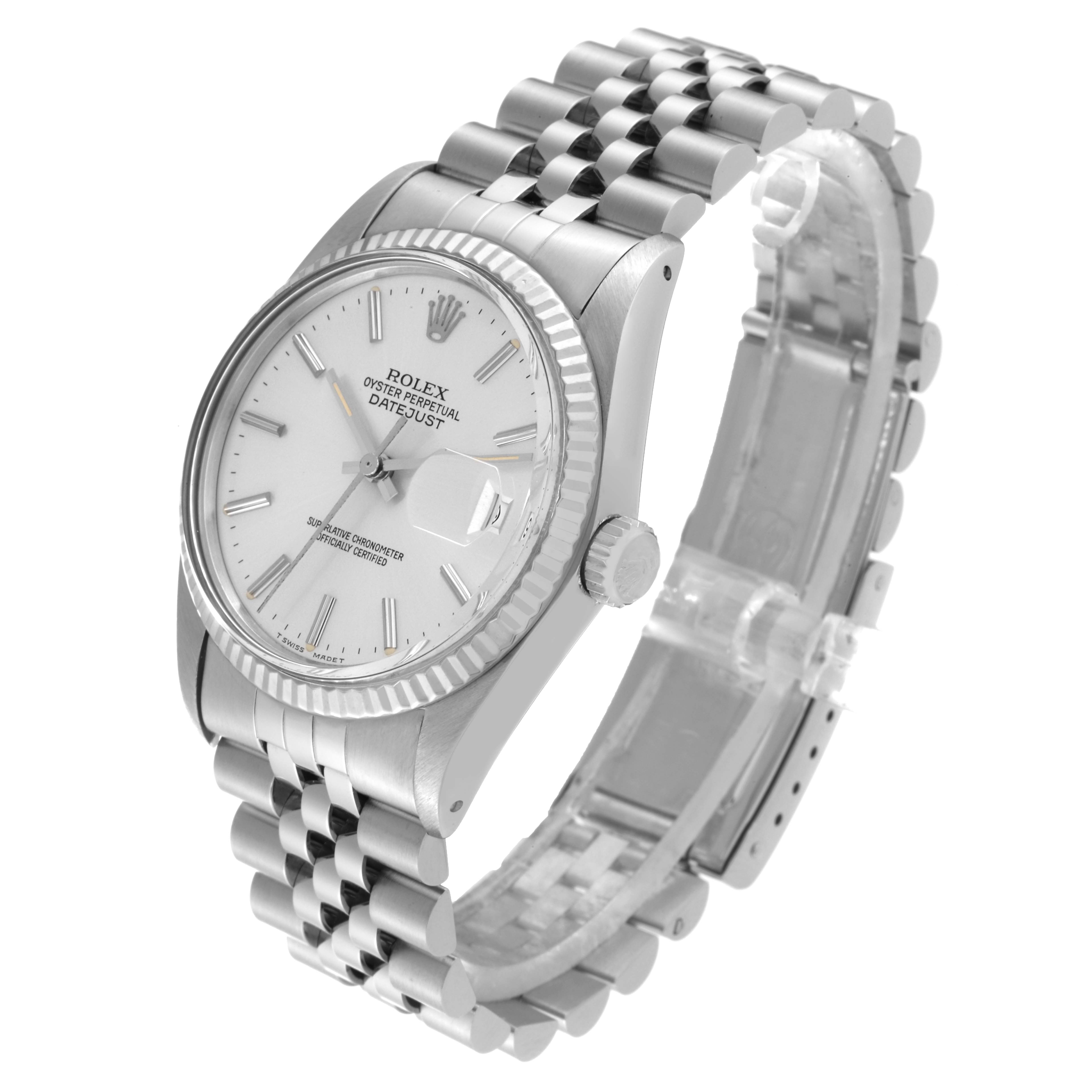 The image shows a Rolex Datejust 16014 Men's Stainless Steel Silver Dial 16014 Men's Stainless Steel Silver Dial watch at a three-quarter angle, highlighting the dial, bezel, and bracelet.