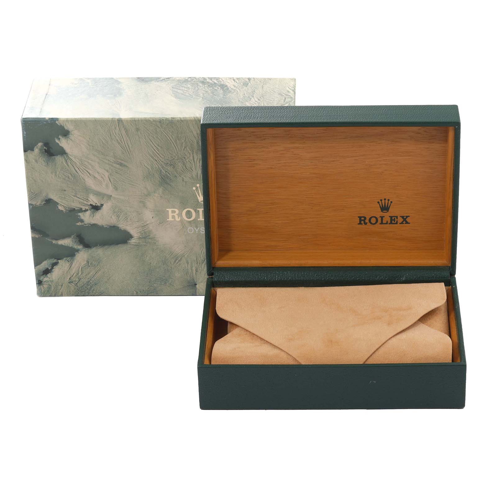 The image shows an open Rolex Datejust 16014 Men's Stainless Steel Silver Dial 16014 Men's Stainless Steel Silver Dial watch box with a green exterior, wooden interior, and a suede pouch inside.