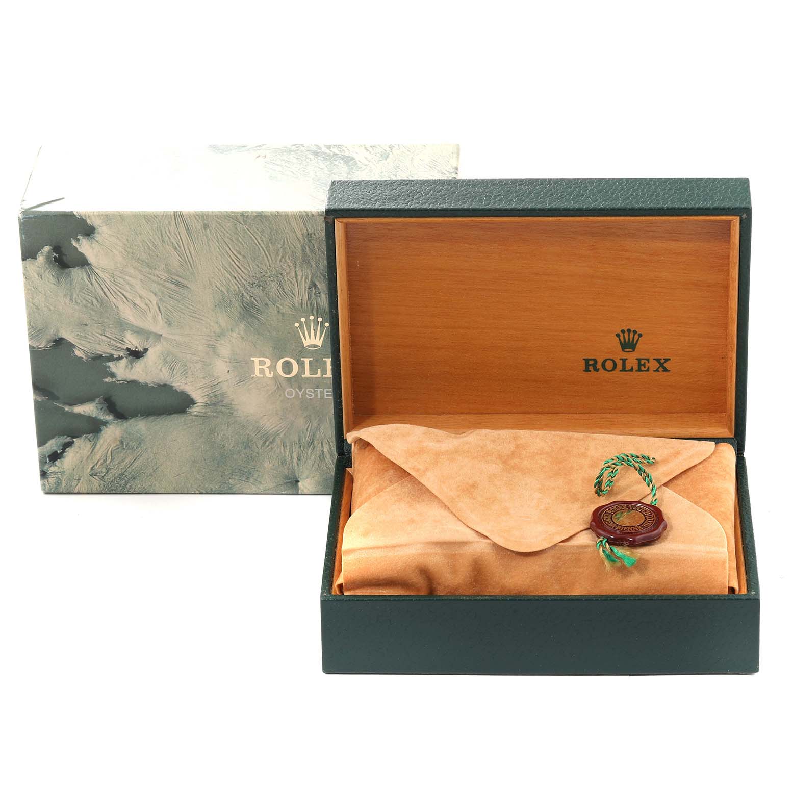 The image shows the packaging of a Rolex Datejust 16234 Men's Stainless Steel Silver Dial 16234 Men's Stainless Steel Silver Dial watch, featuring an open box with an inner suede pouch, tag, and an outer box.