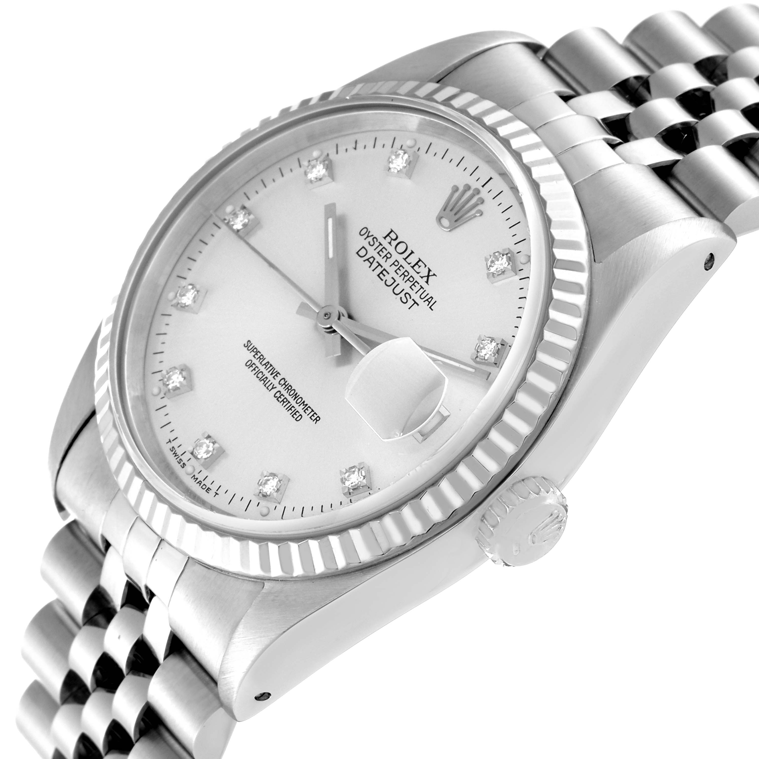 The image shows the Rolex Datejust 16234 Men's Stainless Steel Silver Dial 16234 Men's Stainless Steel Silver Dial watch at an angled close-up highlighting the dial, bezel, date window, and bracelet.