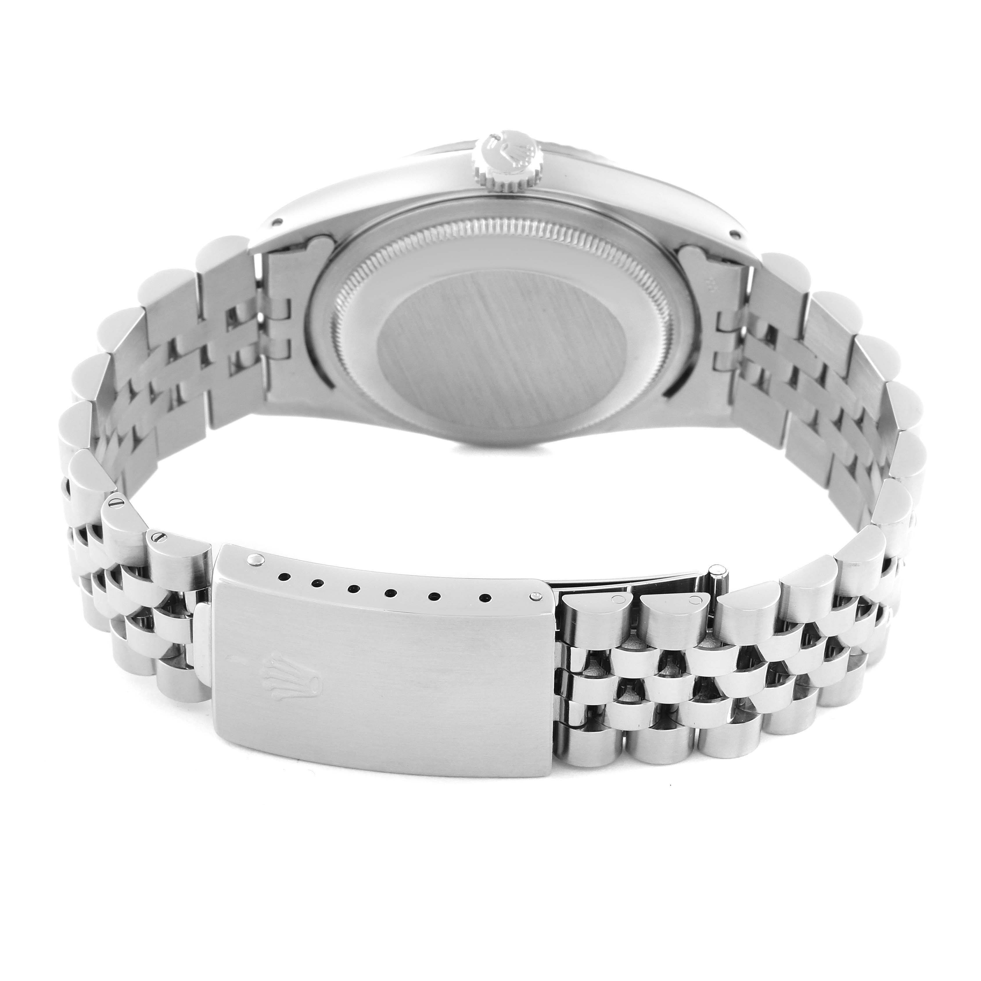 This image features the backside of the Rolex Datejust 16234 Men's Stainless Steel Silver Dial 16234 Men's Stainless Steel Silver Dial, showing the case, bracelet, and clasp from a rear angle.