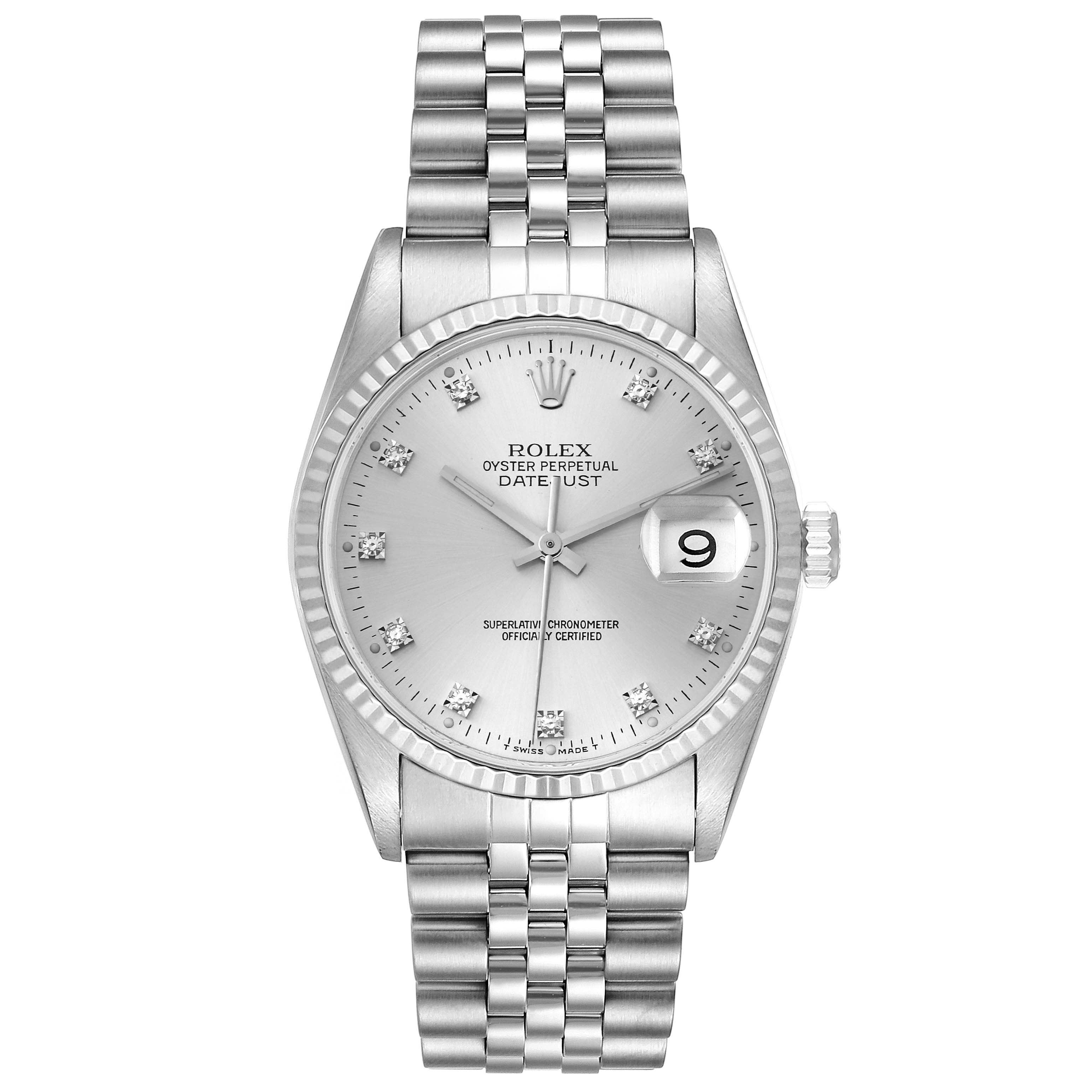 The image shows a frontal view of the Rolex Datejust 16234 Men's Stainless Steel Silver Dial 16234 Men's Stainless Steel Silver Dial model, highlighting its silver dial, jubilee bracelet, and date window.