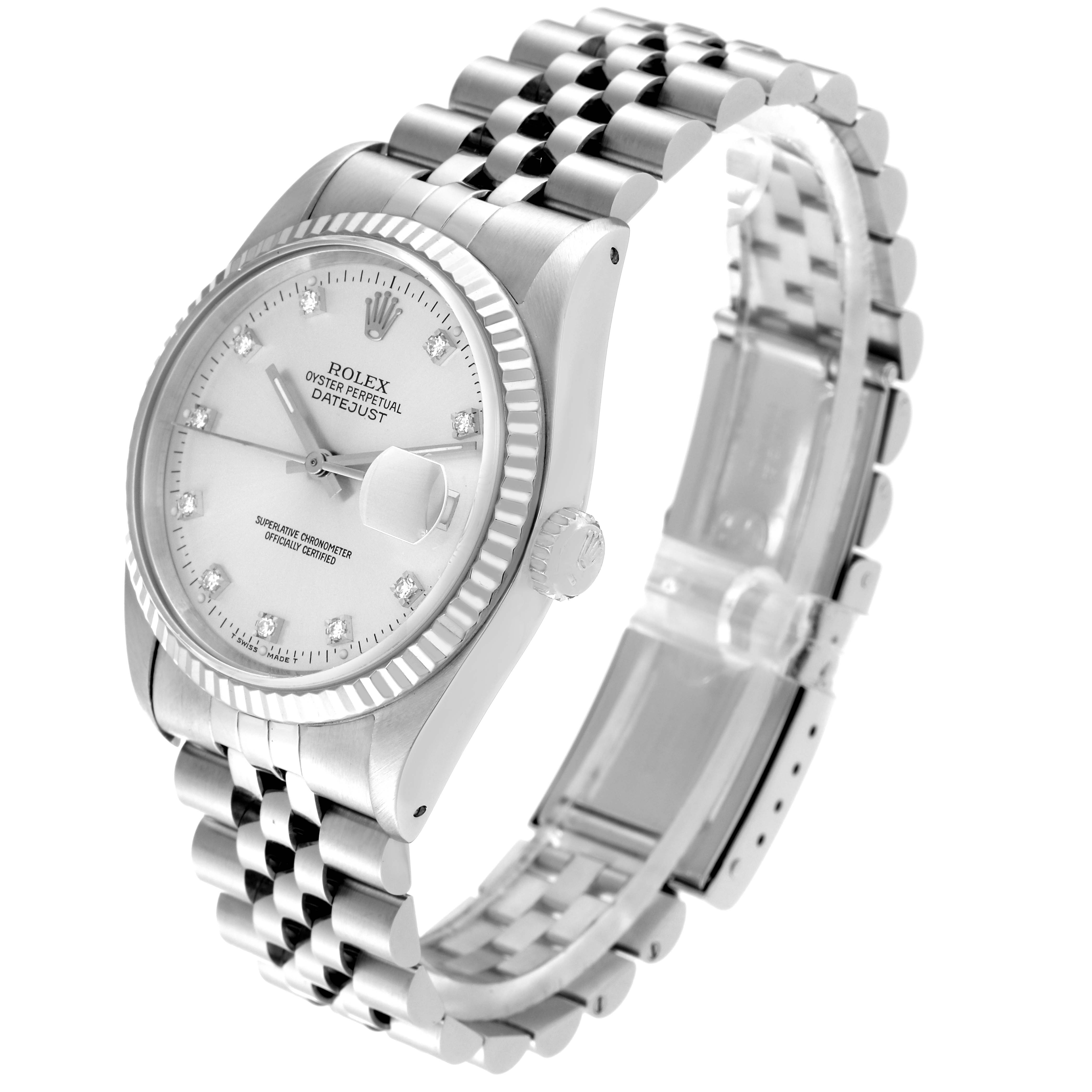 The image shows a Rolex Datejust 16234 Men's Stainless Steel Silver Dial 16234 Men's Stainless Steel Silver Dial watch at a three-quarter angle, highlighting the face, bezel, crown, and bracelet.
