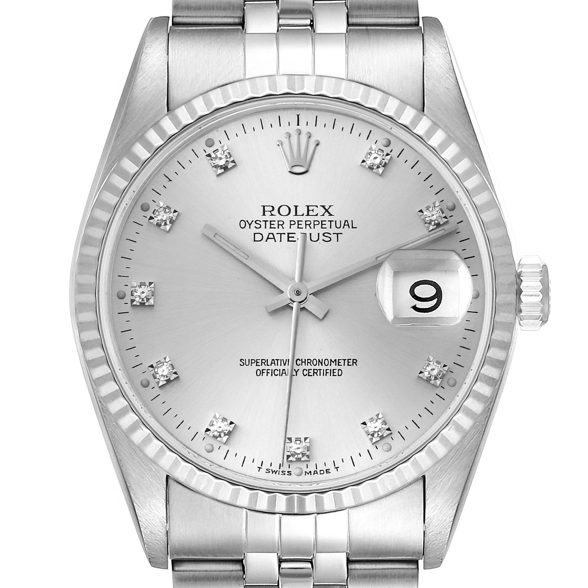 The image shows a Rolex Datejust 16234 Men's Stainless Steel Silver Dial 16234 Men's Stainless Steel Silver Dial watch from a front angle, highlighting its dial, bezel, and bracelet.