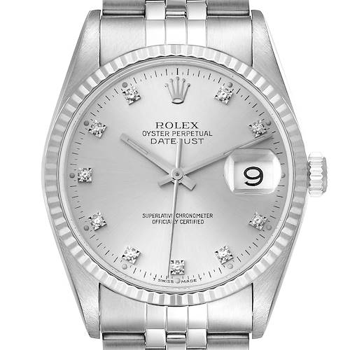 The image shows a Rolex Datejust watch from a front angle, highlighting the dial, bezel, crown, and part of the bracelet.