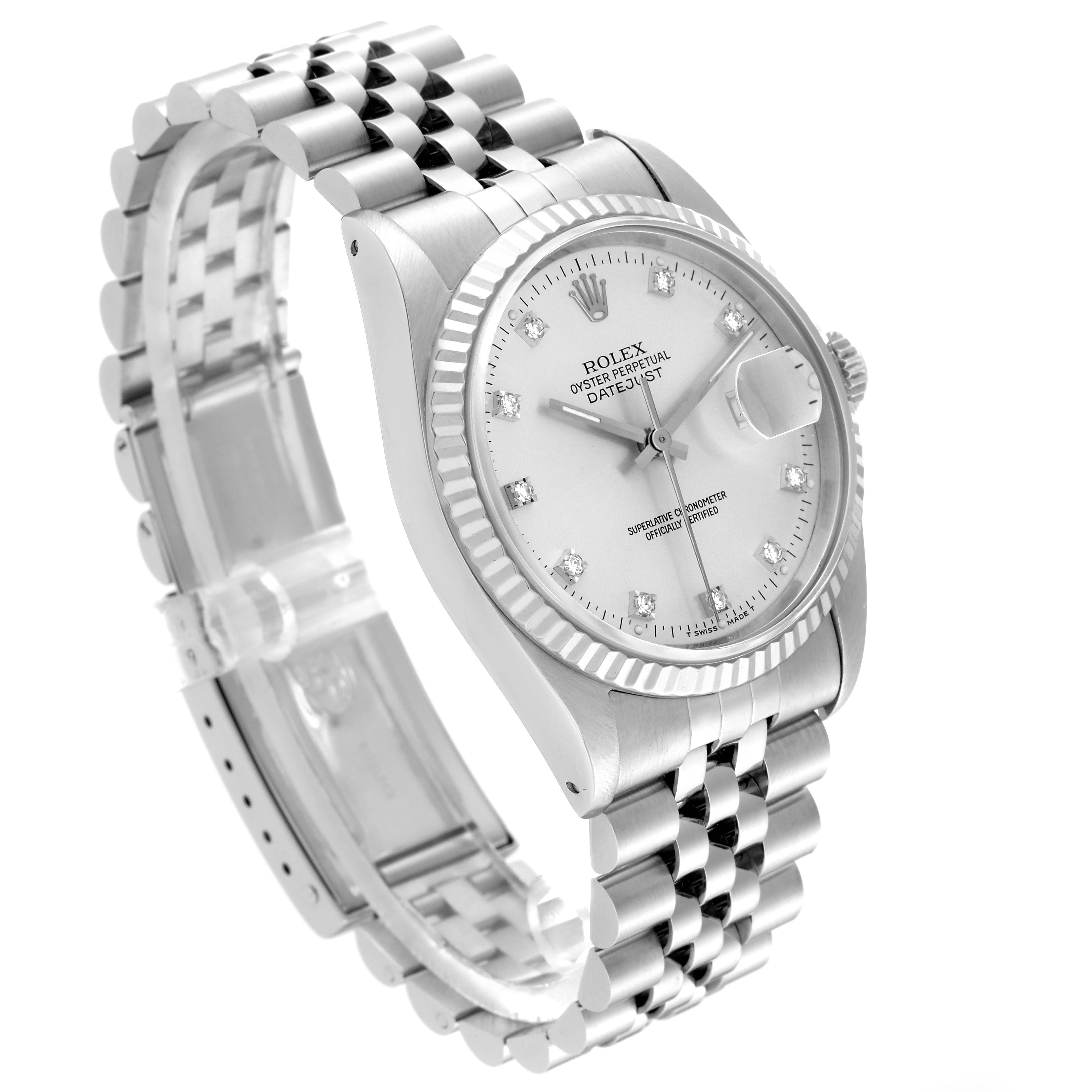 This image shows a side angle of a Rolex Datejust 16234 Men's Stainless Steel Silver Dial 16234 Men's Stainless Steel Silver Dial watch, displaying the face, bezel, and metal bracelet.