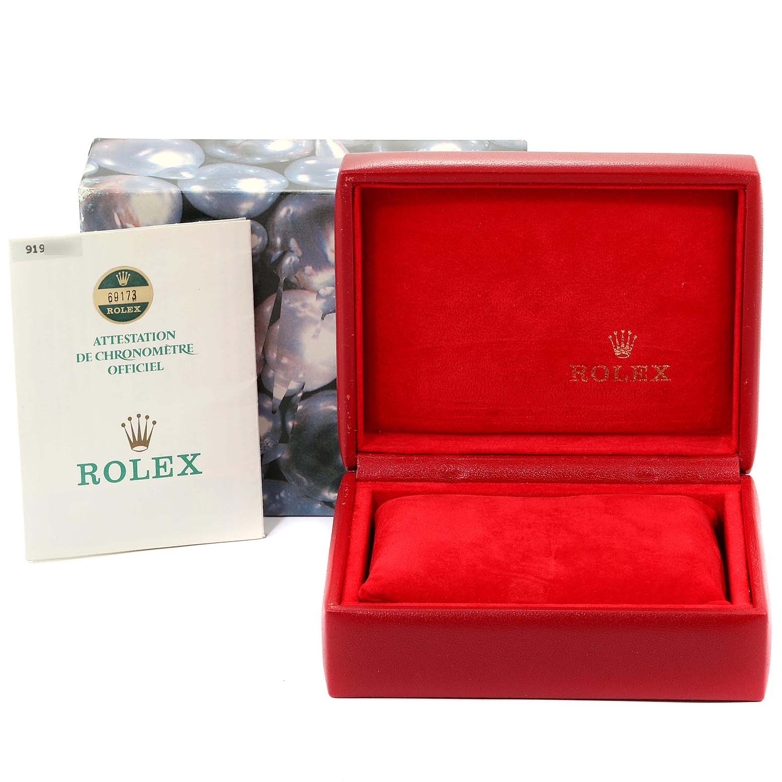 The image shows a red Rolex Datejust 69173 Women
s Steel and Gold (two tone) Champagne Dial 69173 Women
s Steel and Gold (two tone) Champagne Dial watch box, including a Rolex booklet and outer packaging.
