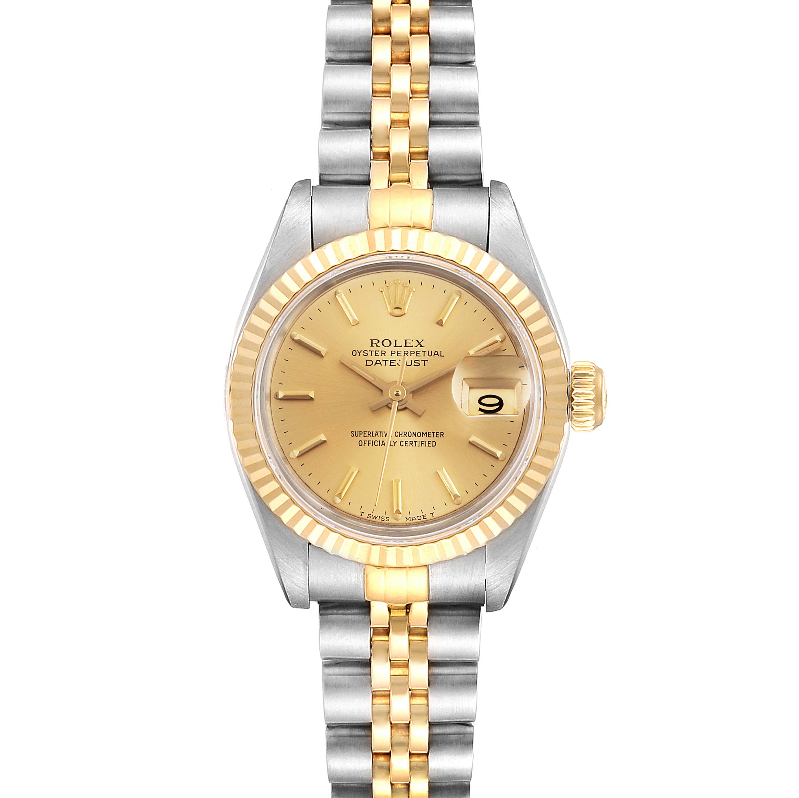 The image shows a front view of a Rolex Datejust 69173 Women
s Steel and Gold (two tone) Champagne Dial 69173 Women
s Steel and Gold (two tone) Champagne Dial watch, displaying the dial, bezel, crown, and bracelet.