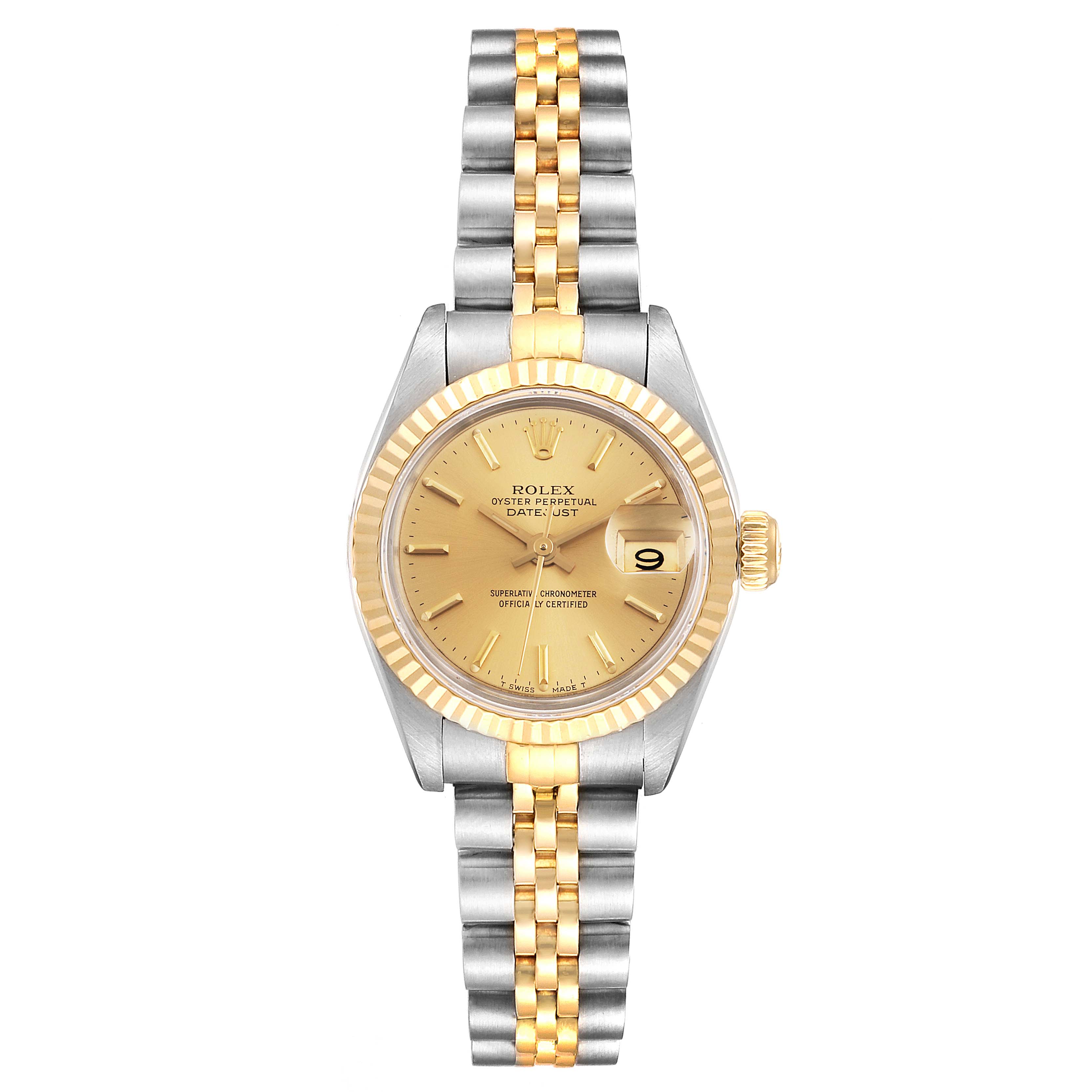 The image shows a Rolex Datejust 69173 Women
s Steel and Gold (two tone) Champagne Dial 69173 Women
s Steel and Gold (two tone) Champagne Dial watch from a top-down angle, highlighting its two-tone bracelet, gold bezel, and date window.