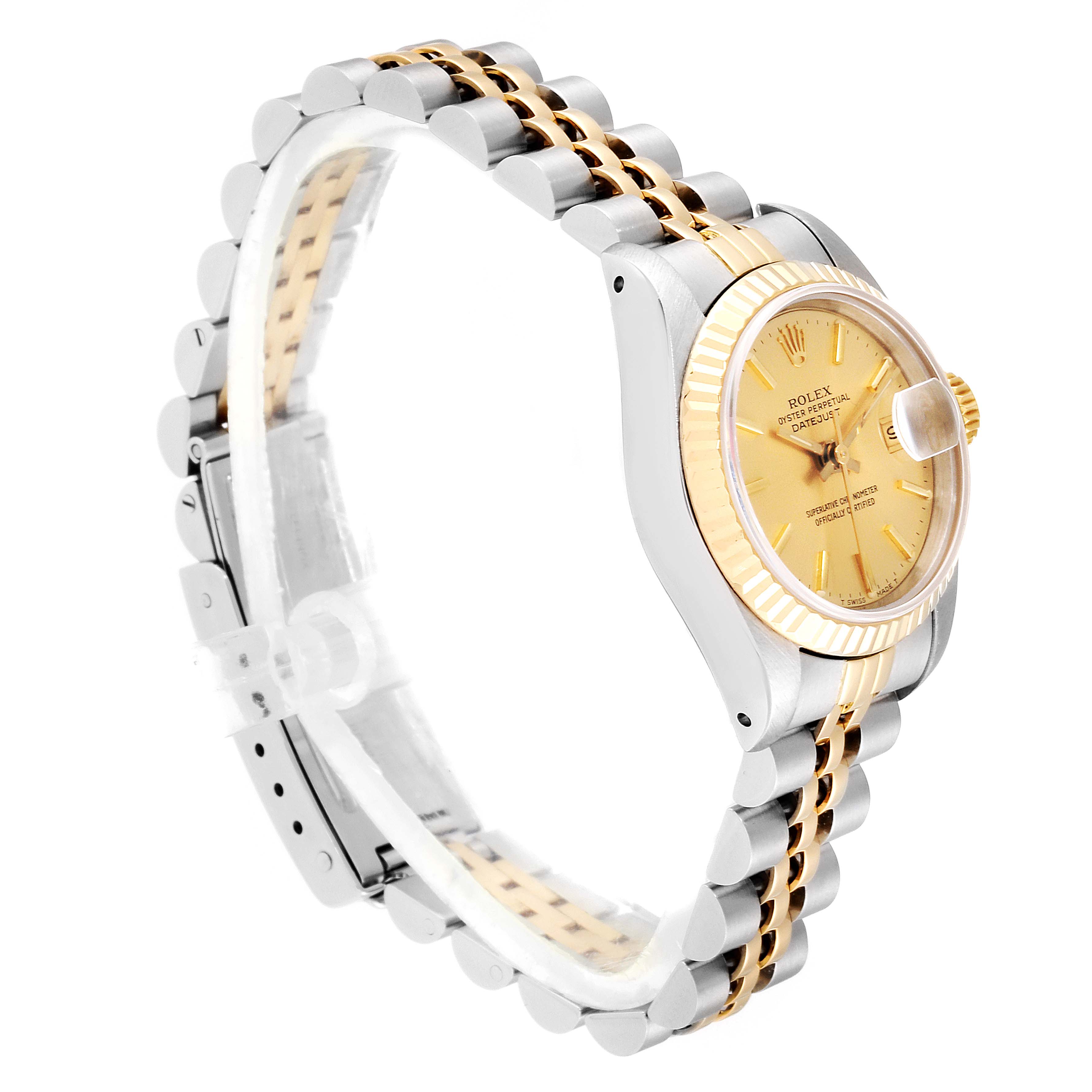 This image shows a side view of the Rolex Datejust 69173 Women
s Steel and Gold (two tone) Champagne Dial 69173 Women
s Steel and Gold (two tone) Champagne Dial watch, highlighting its two-tone bracelet and gold dial.