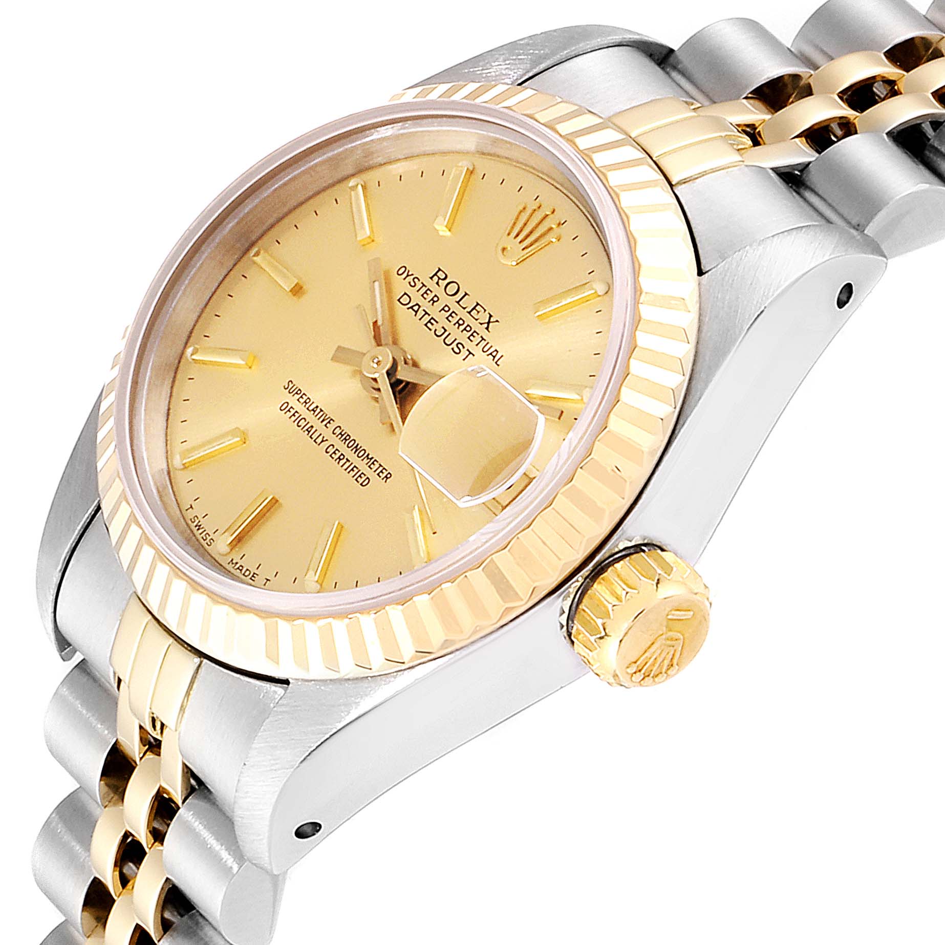 The image shows a Rolex Datejust 69173 Women
s Steel and Gold (two tone) Champagne Dial 69173 Women
s Steel and Gold (two tone) Champagne Dial watch at a slight angle, highlighting the dial, bezel, crown, and part of the bracelet.