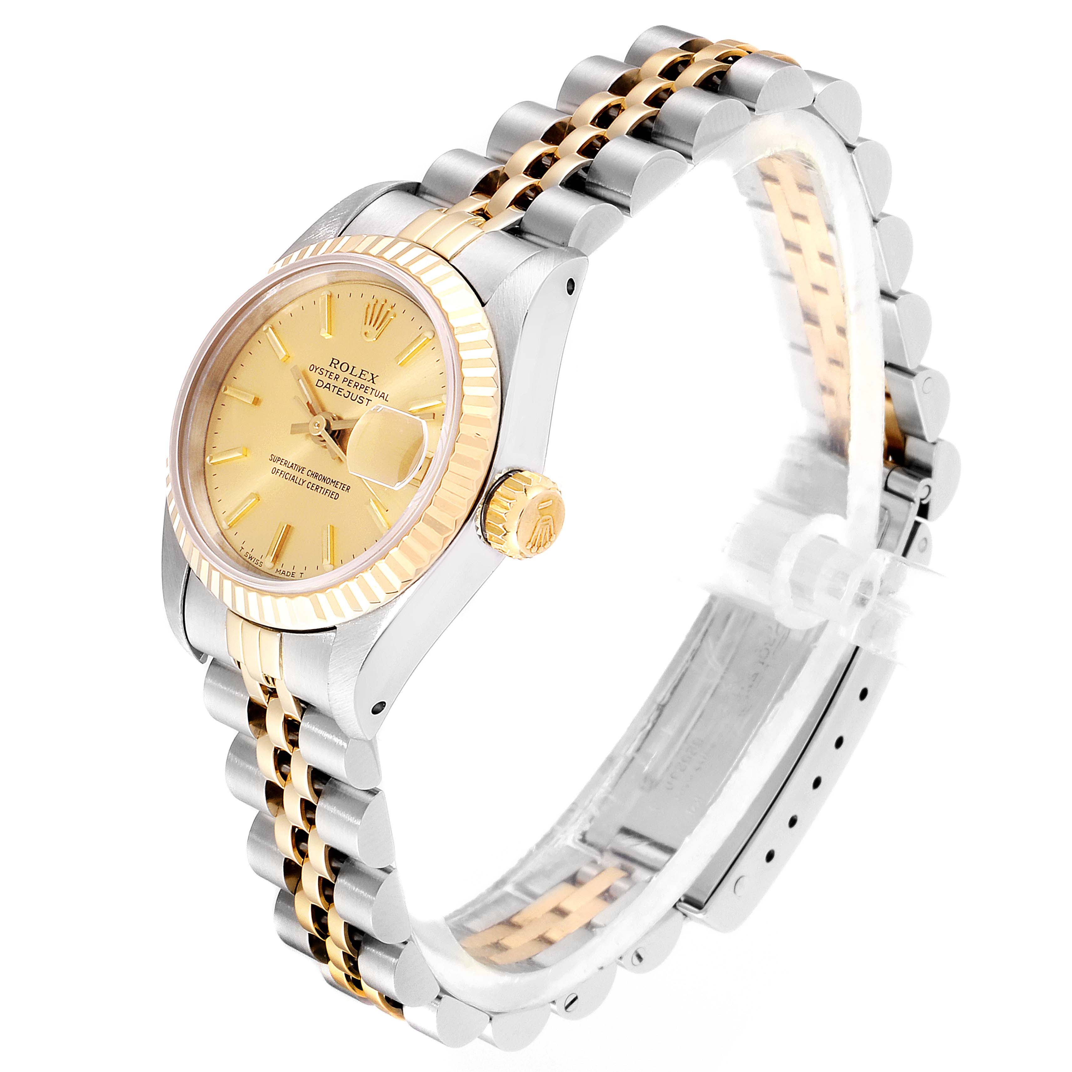 The image shows a Rolex Datejust 69173 Women
s Steel and Gold (two tone) Champagne Dial 69173 Women
s Steel and Gold (two tone) Champagne Dial watch from an angled side-view, highlighting its dial, fluted bezel, and two-tone bracelet.