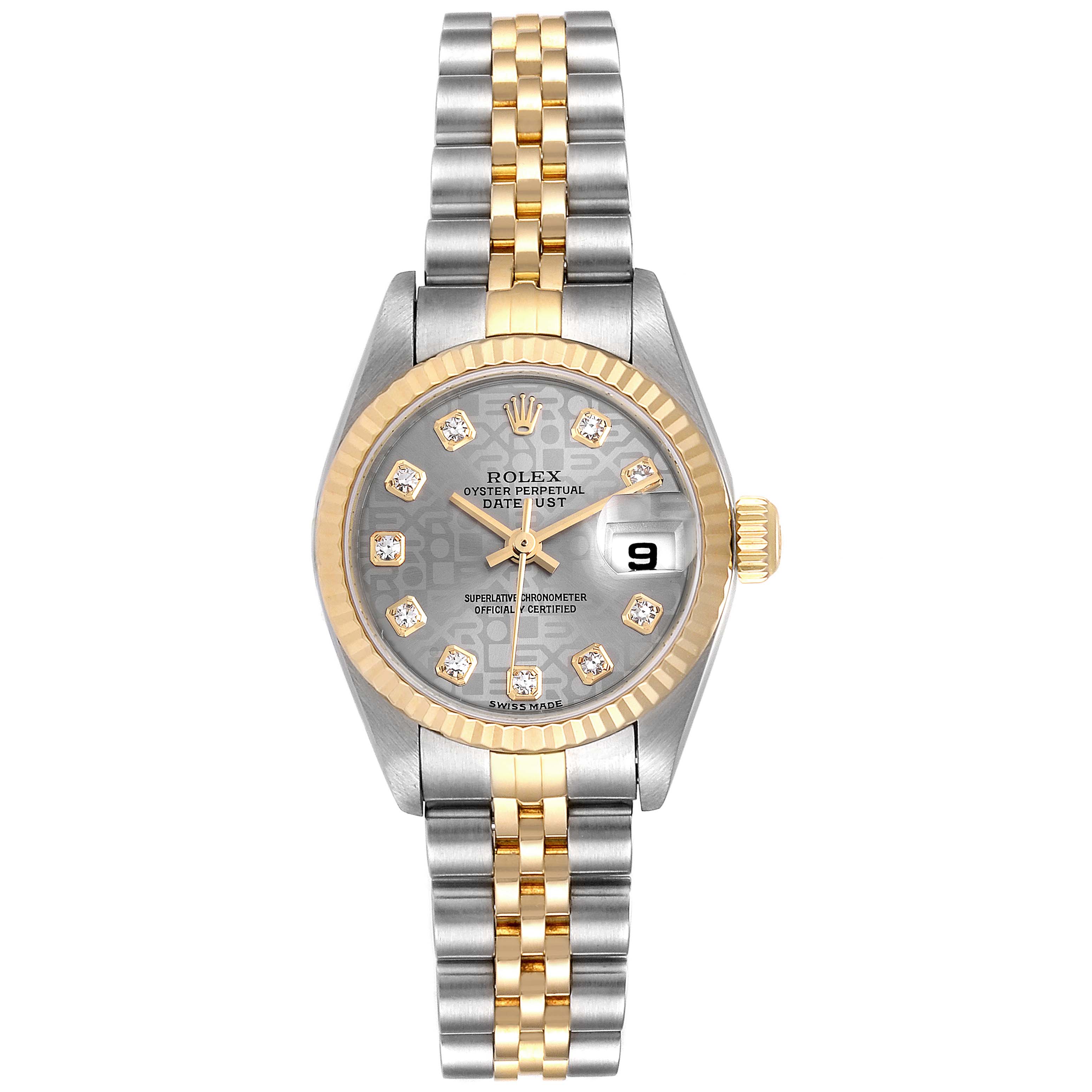 The image shows a front view of the Rolex Datejust 79173 Women
s Steel and Gold (two tone) Silver Dial 79173 Women
s Steel and Gold (two tone) Silver Dial watch, detailing its dial, bezel, and two-tone bracelet.