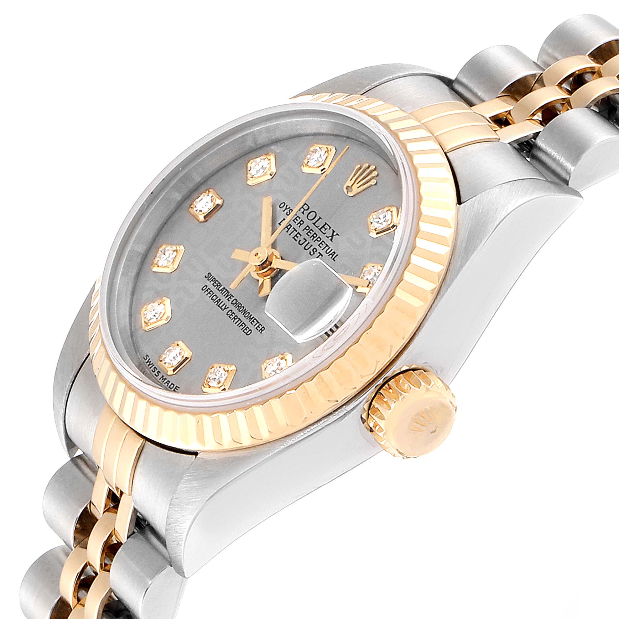The image shows a Rolex Datejust 79173 Women
s Steel and Gold (two tone) Silver Dial 79173 Women
s Steel and Gold (two tone) Silver Dial watch from a 3/4 side angle, featuring its crown, dial, and part of the bracelet with the bezel.