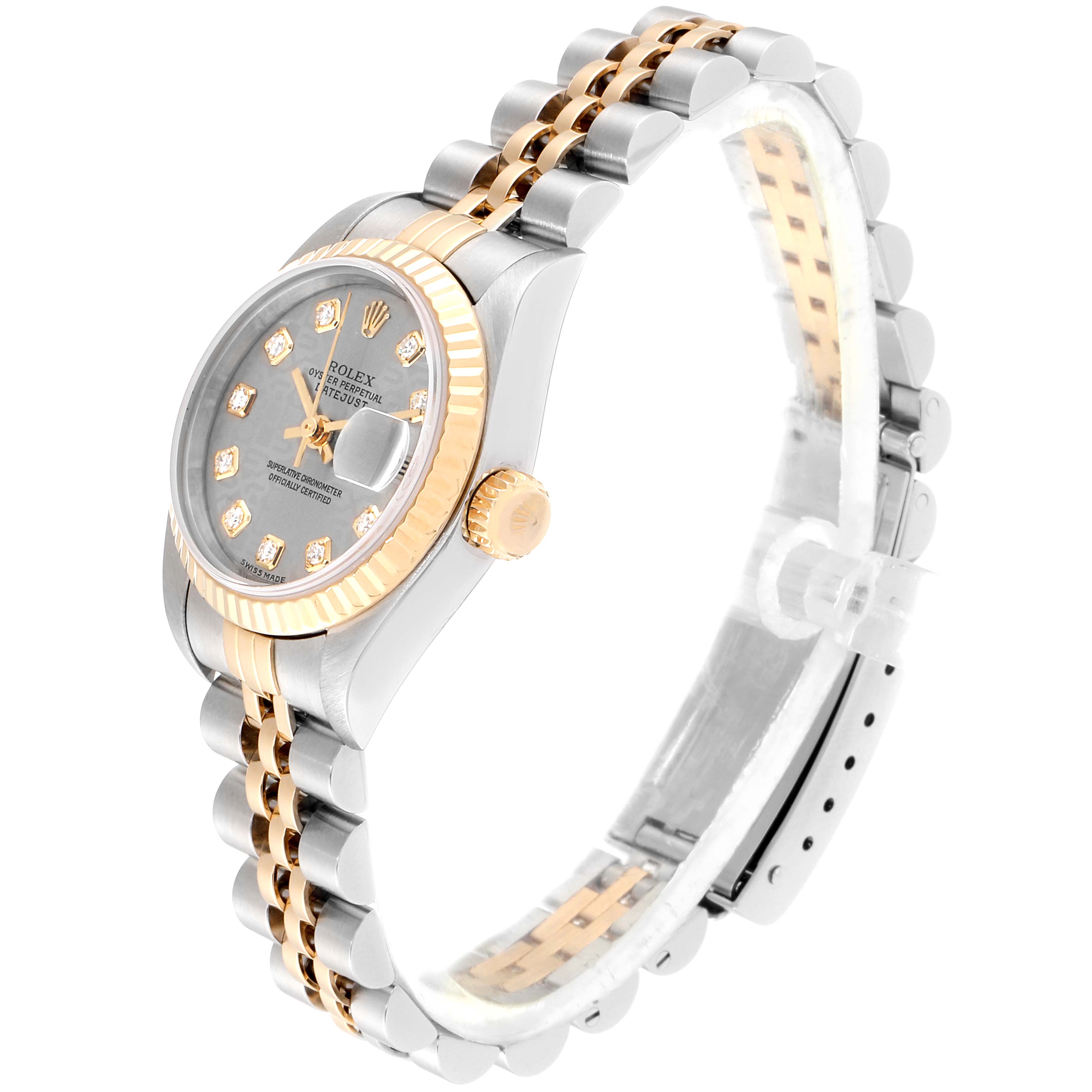 The Rolex Datejust 79173 Women
s Steel and Gold (two tone) Silver Dial 79173 Women
s Steel and Gold (two tone) Silver Dial watch is shown at a slight angle, highlighting the face, bezel, crown, and two-tone metal bracelet.
