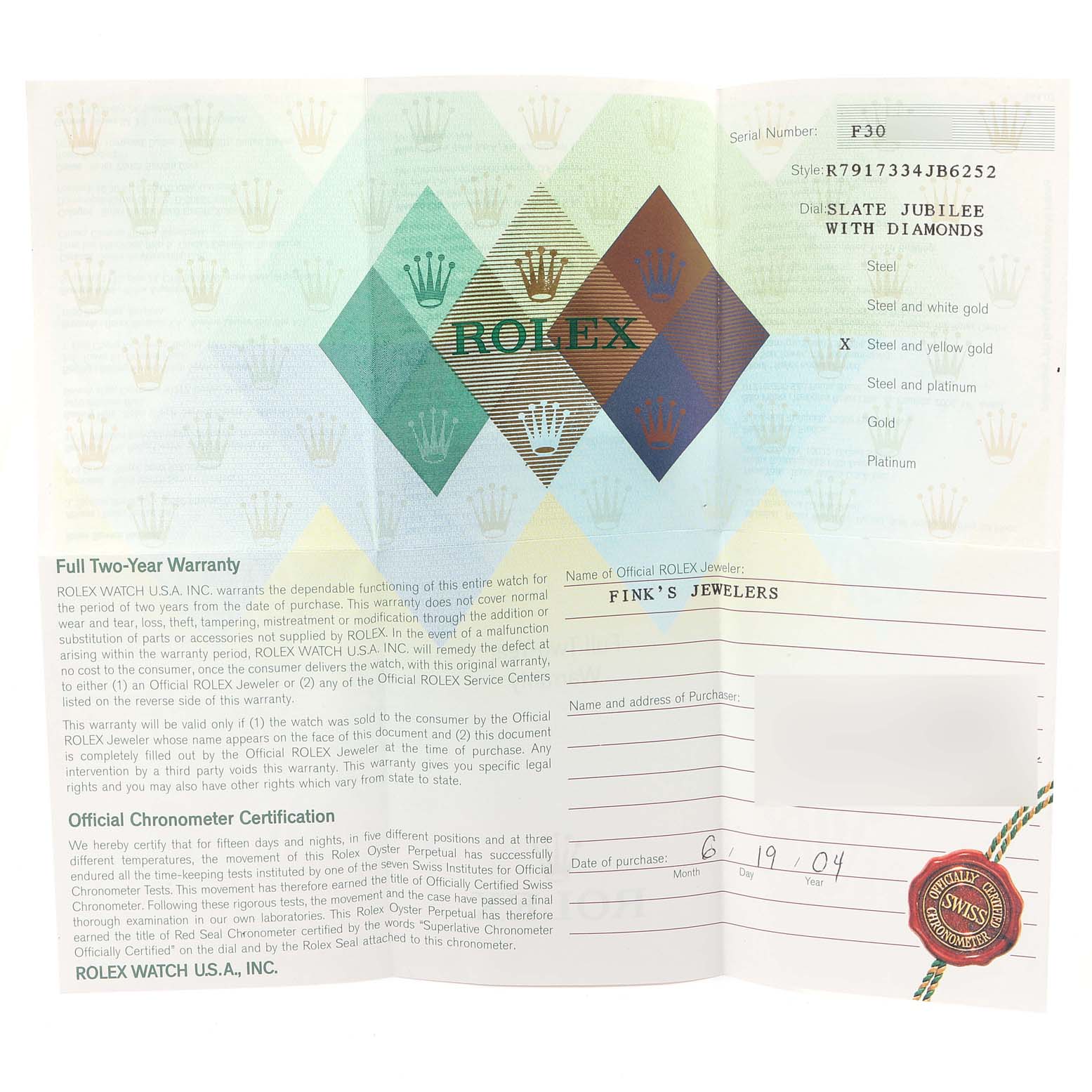 The image shows the Rolex Datejust 79173 Women
s Steel and Gold (two tone) Silver Dial 79173 Women
s Steel and Gold (two tone) Silver Dial model
s warranty card and certification document from Fink’s Jewelers.