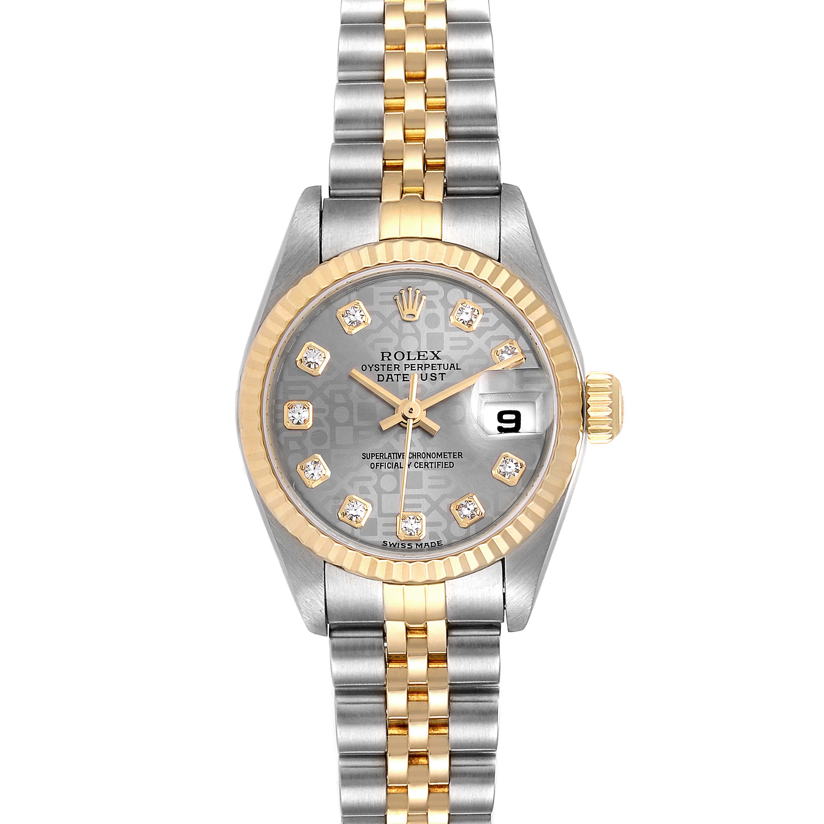 This image shows a Rolex Datejust 79173 Women
s Steel and Gold (two tone) Silver Dial 79173 Women
s Steel and Gold (two tone) Silver Dial watch viewed from the front, highlighting the dial, bezel, bracelet, and crown.