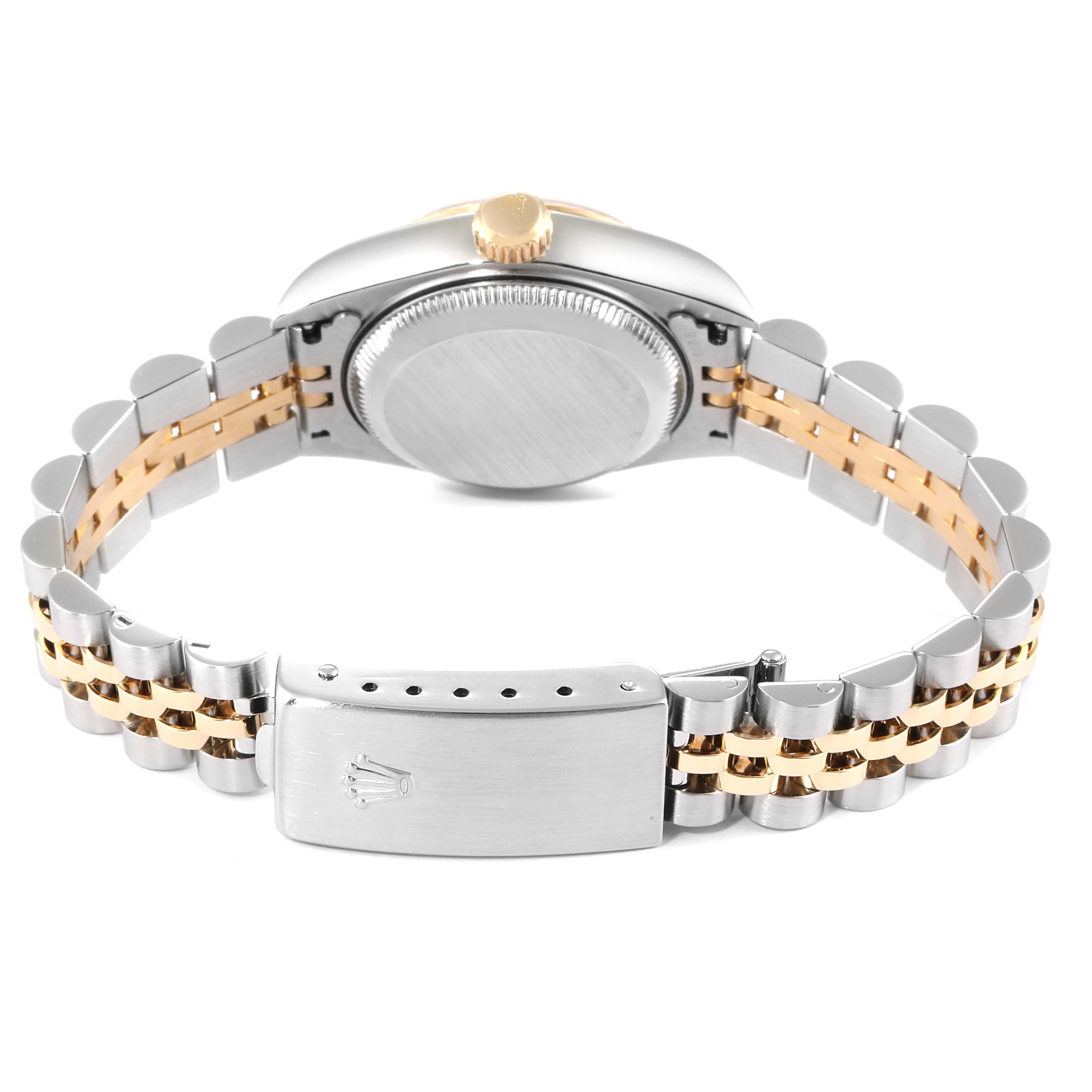 The image shows the backside of a Rolex Datejust 79173 Women
s Steel and Gold (two tone) Silver Dial 79173 Women
s Steel and Gold (two tone) Silver Dial watch, highlighting the bracelet and clasp.