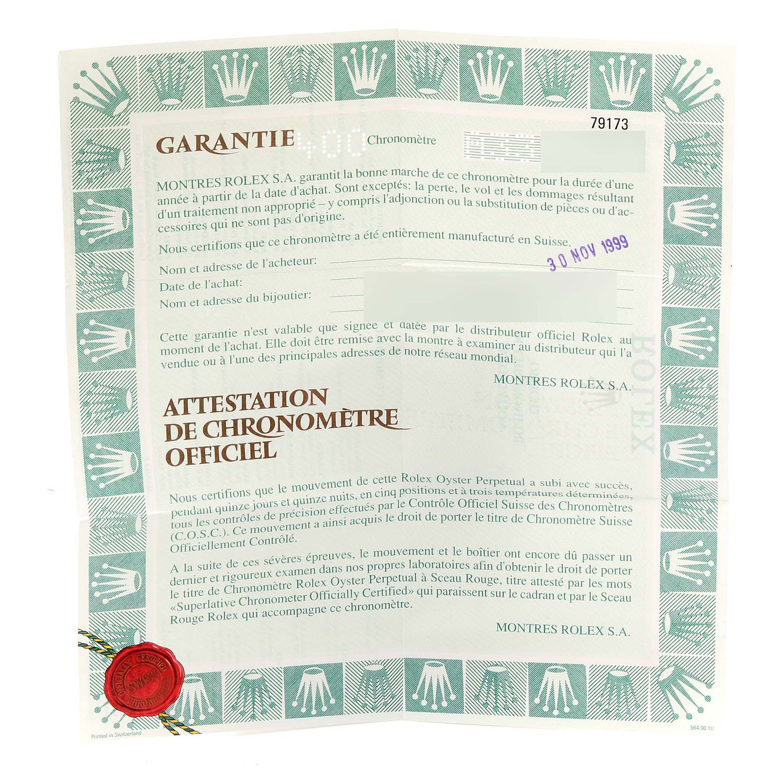 The image shows a warranty certificate for the Rolex Datejust 79173 Women's Steel and Gold (two tone) Champagne Dial 79173 Women's Steel and Gold (two tone) Champagne Dial model.