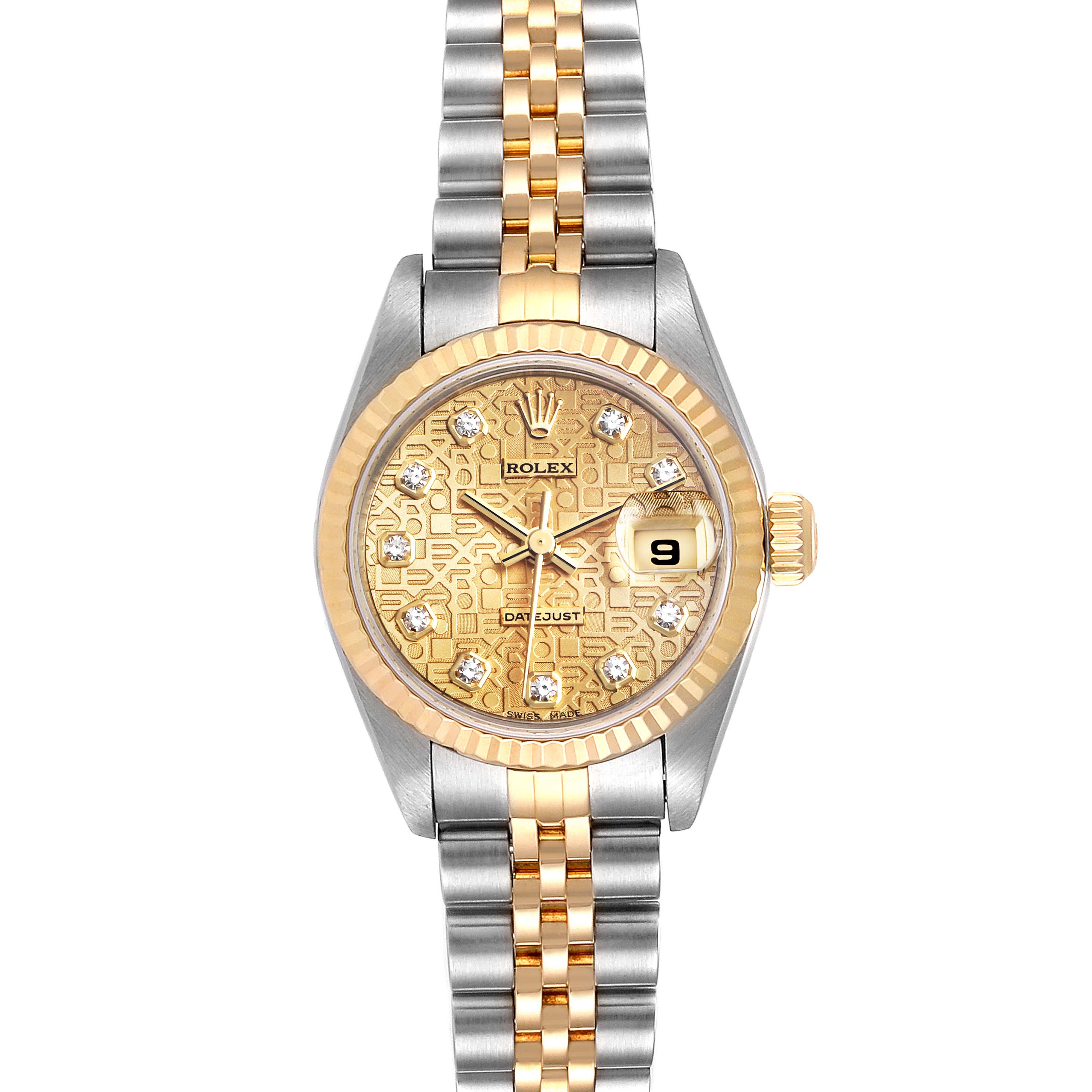 This is a front view of a Rolex Datejust 79173 Women's Steel and Gold (two tone) Champagne Dial 79173 Women's Steel and Gold (two tone) Champagne Dial watch, showing the dial, crown, bezel, and bracelet.