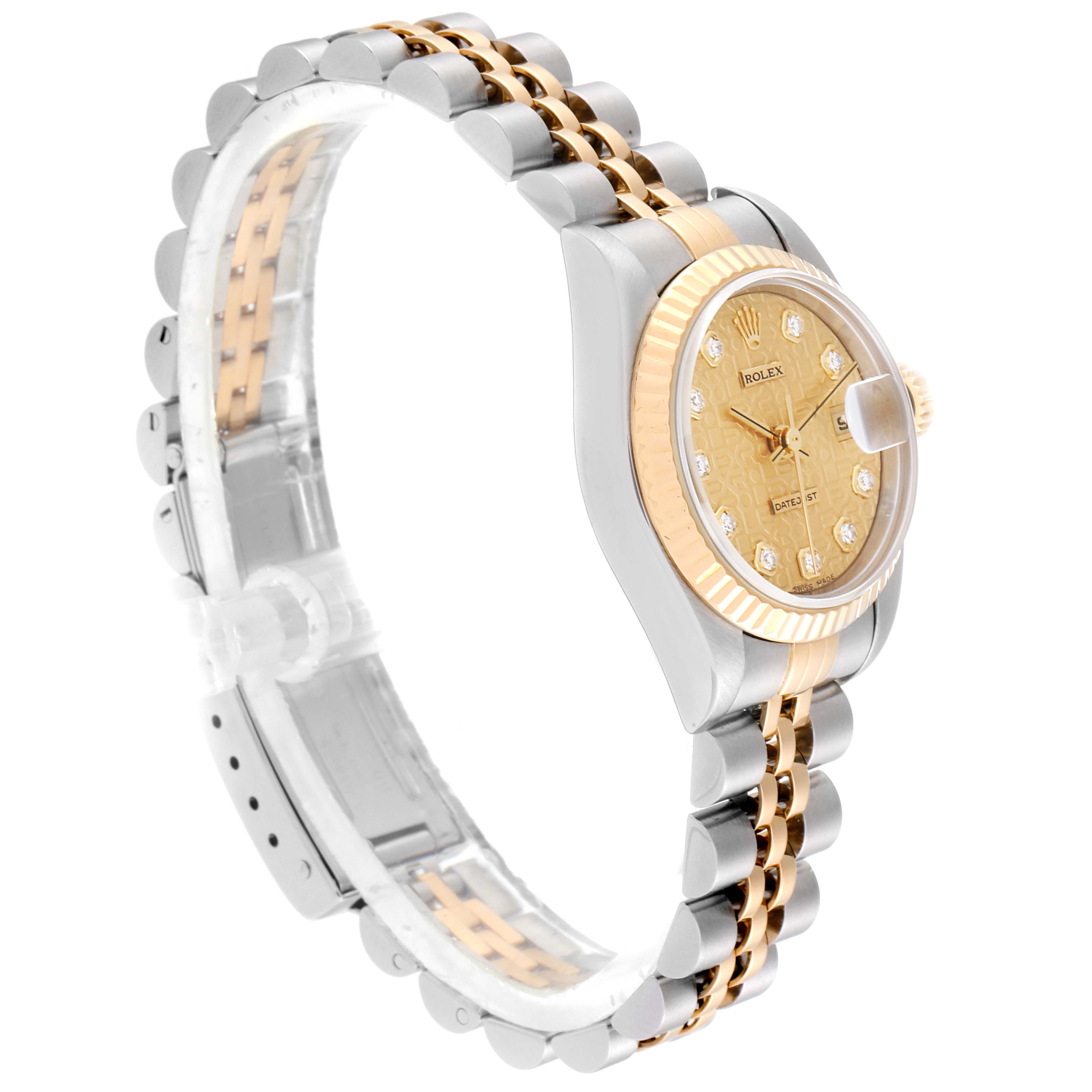 The Rolex Datejust 79173 Women's Steel and Gold (two tone) Champagne Dial 79173 Women's Steel and Gold (two tone) Champagne Dial watch is shown at a side angle, highlighting its two-tone bracelet and detailed dial.