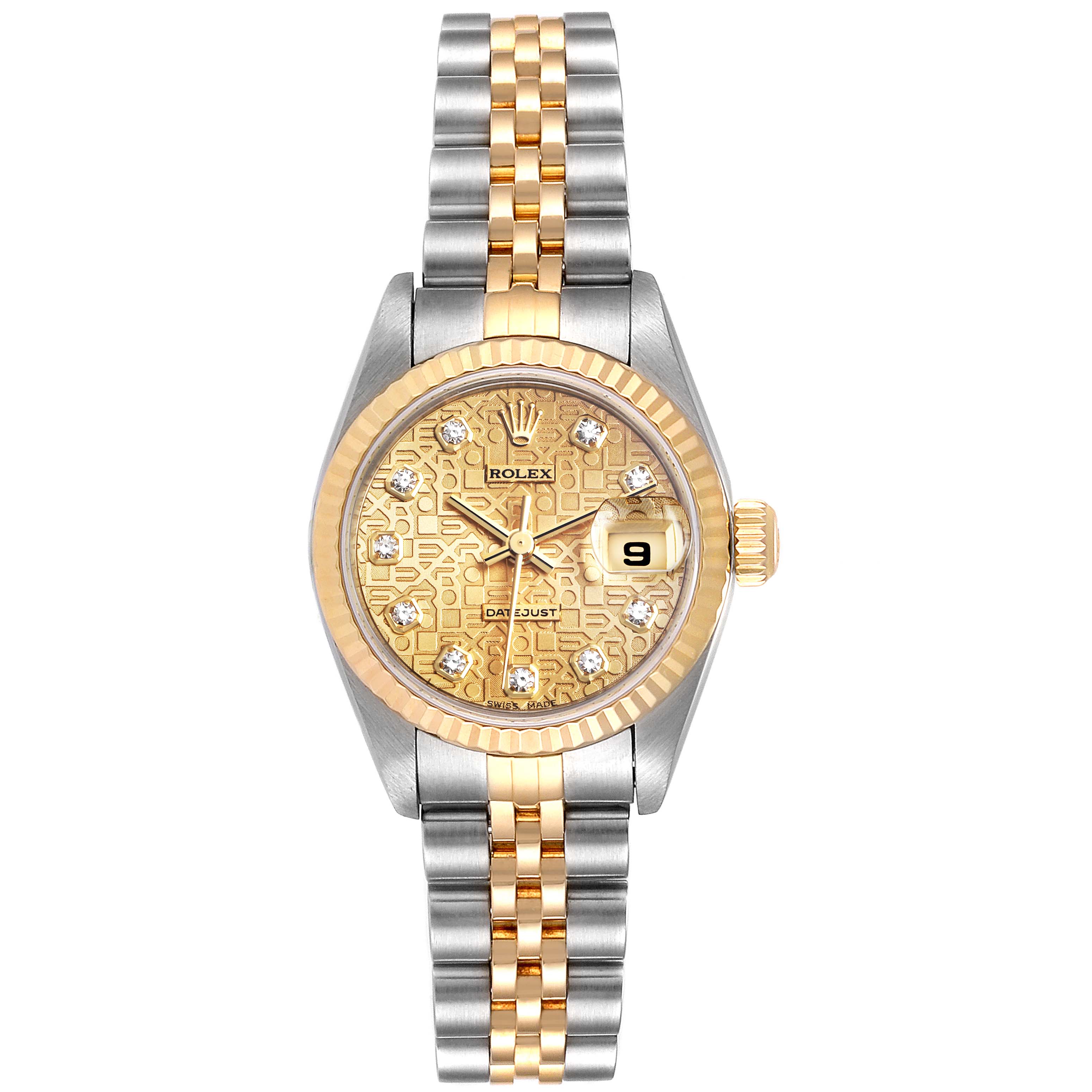 The Rolex Datejust 79173 Women's Steel and Gold (two tone) Champagne Dial 79173 Women's Steel and Gold (two tone) Champagne Dial watch is shown from a top-down angle, highlighting its dial, bezel, and bracelet.