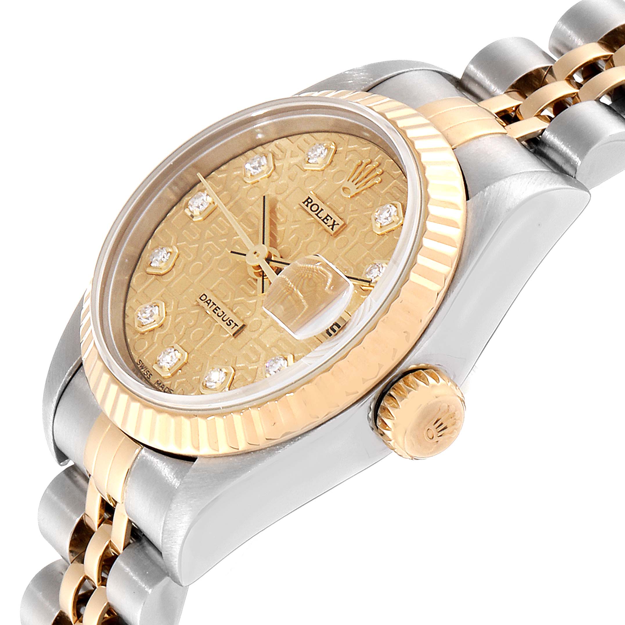 The image shows a close-up, angled view of a Rolex Datejust 79173 Women's Steel and Gold (two tone) Champagne Dial 79173 Women's Steel and Gold (two tone) Champagne Dial watch, highlighting the dial, crown, and part of the bracelet.