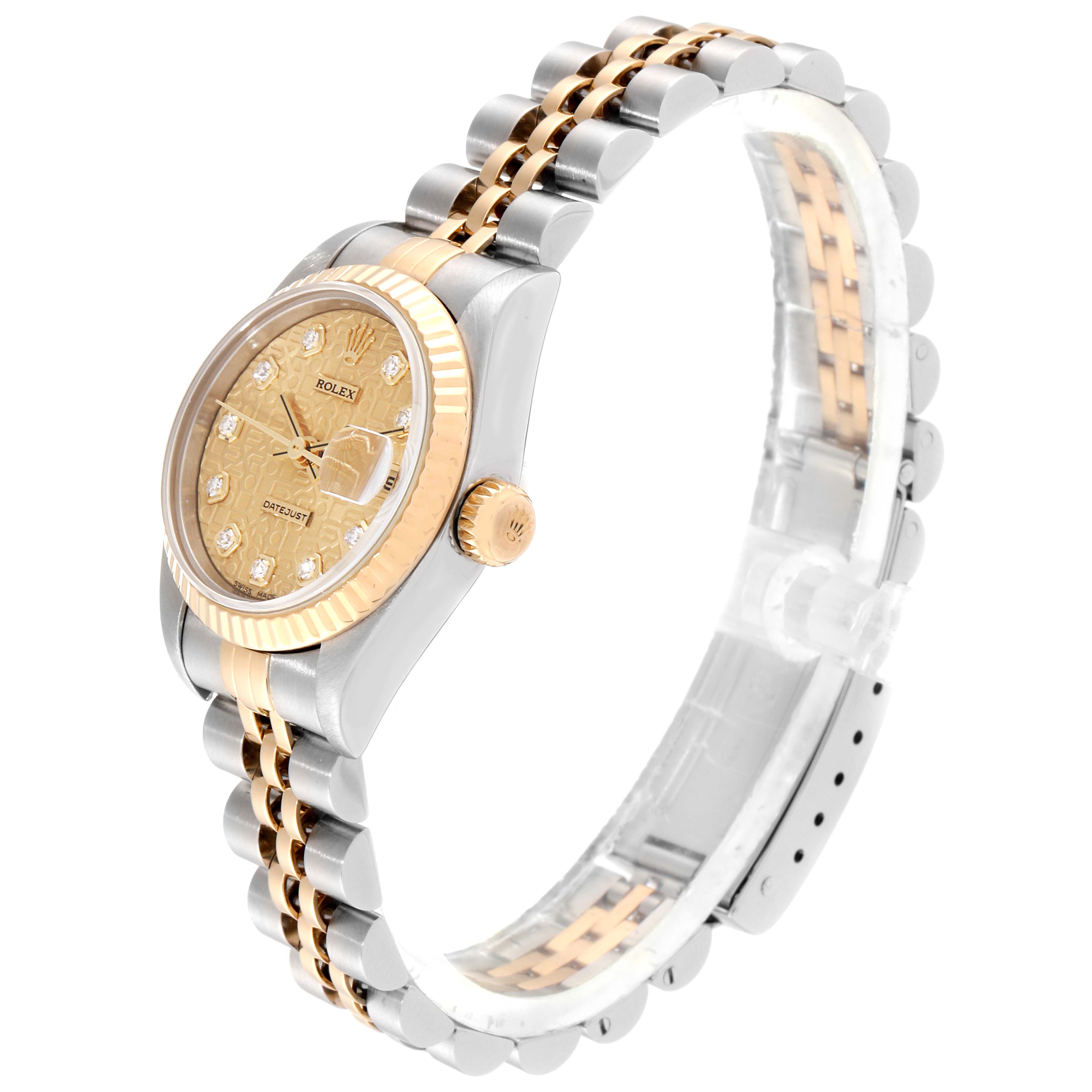 The image shows a side view of the Rolex Datejust 79173 Women's Steel and Gold (two tone) Champagne Dial 79173 Women's Steel and Gold (two tone) Champagne Dial watch, highlighting its dial, bezel, crown, and bracelet.