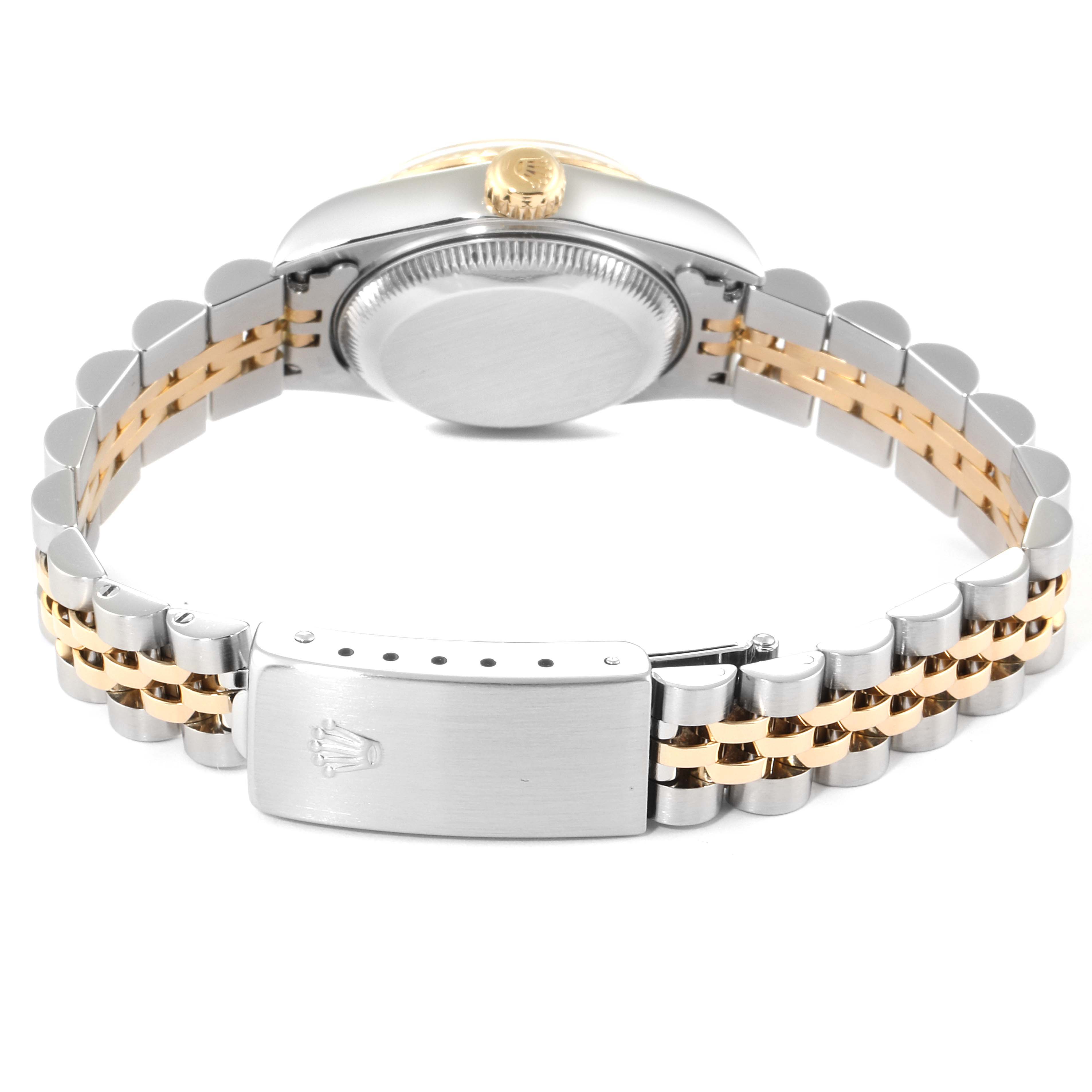 The image shows the back angle of a Rolex Datejust 79173 Women's Steel and Gold (two tone) Champagne Dial 79173 Women's Steel and Gold (two tone) Champagne Dial watch, highlighting its case, crown, and two-tone bracelet with clasp.