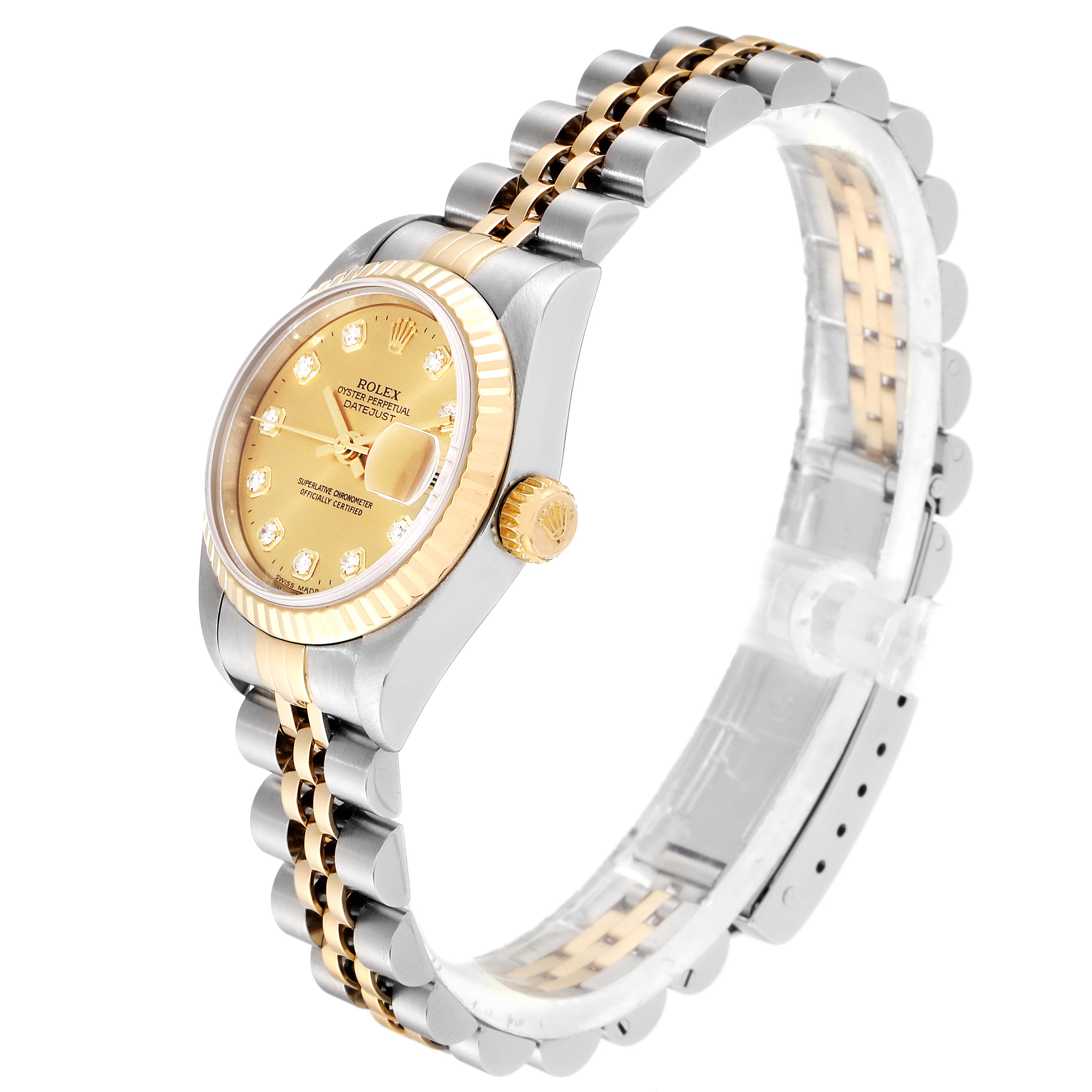 This image shows a side profile of the Rolex Datejust 79173  Women
s Steel and Gold (two tone) Champagne Dial 79173  Women
s Steel and Gold (two tone) Champagne Dial watch, displaying its case, dial, crown, and two-tone bracelet.