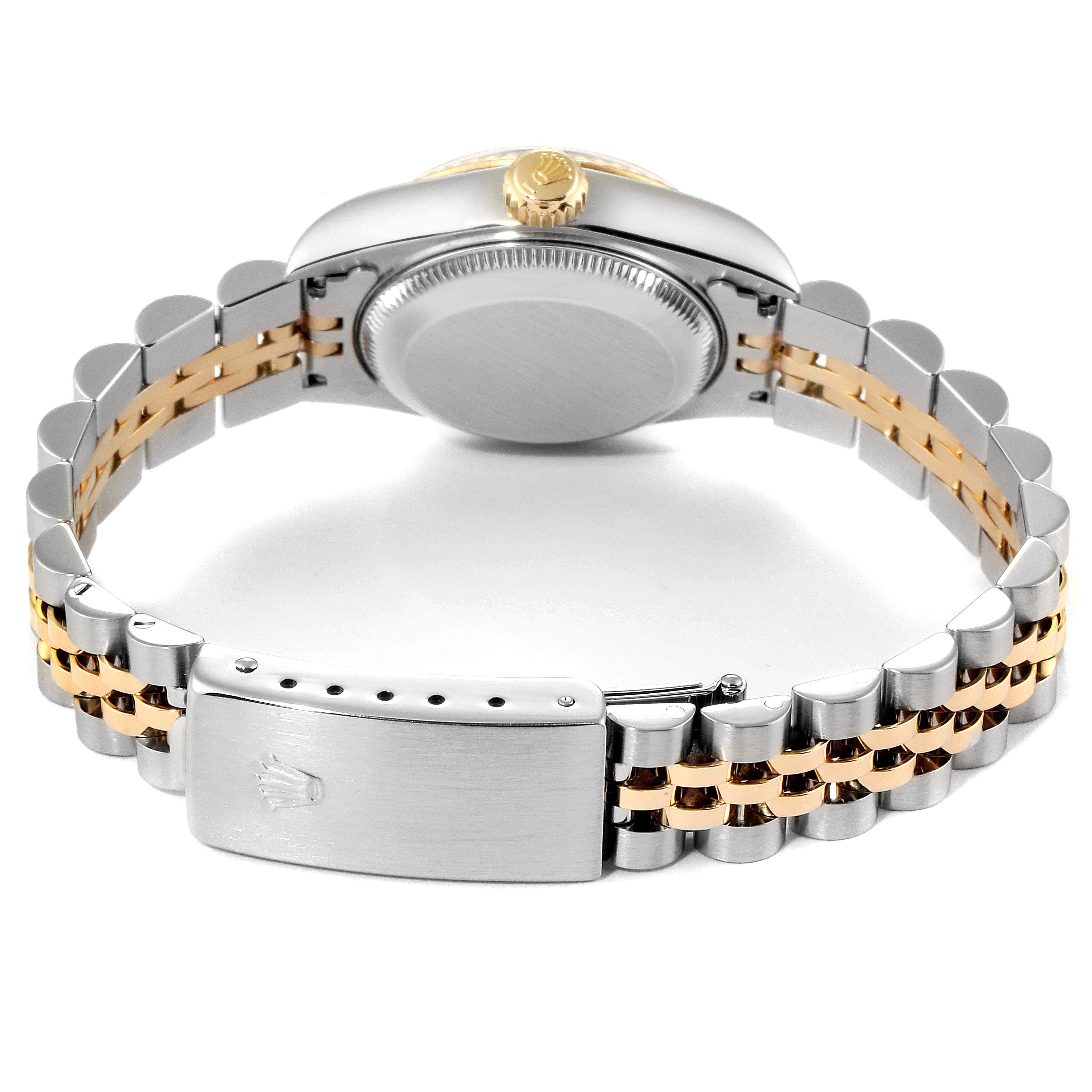 The image shows the back view of a Rolex Datejust 79173  Women
s Steel and Gold (two tone) Champagne Dial 79173  Women
s Steel and Gold (two tone) Champagne Dial watch, highlighting its bracelet and clasp.