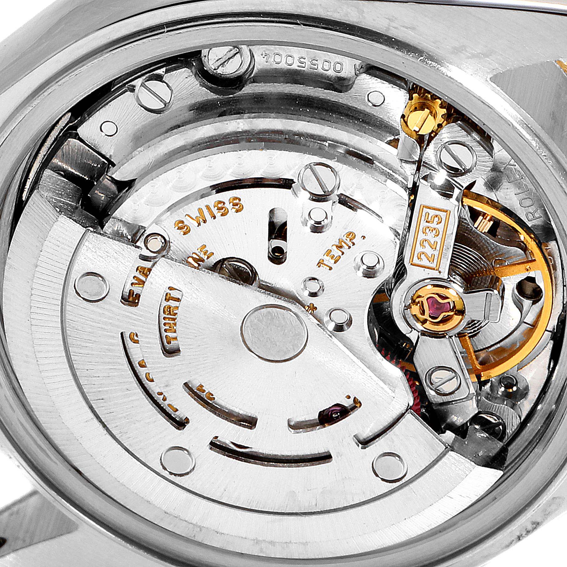 This image shows the internal mechanism of a Rolex Datejust 79173  Women
s Steel and Gold (two tone) Champagne Dial 79173  Women
s Steel and Gold (two tone) Champagne Dial, highlighting the movement components.