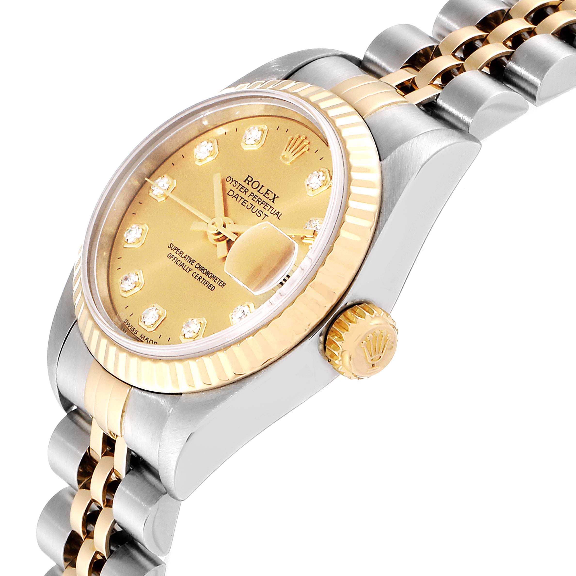 The image shows a Rolex Datejust 79173  Women
s Steel and Gold (two tone) Champagne Dial 79173  Women
s Steel and Gold (two tone) Champagne Dial watch at a slight side angle, highlighting the bezel, crown, and part of the bracelet.