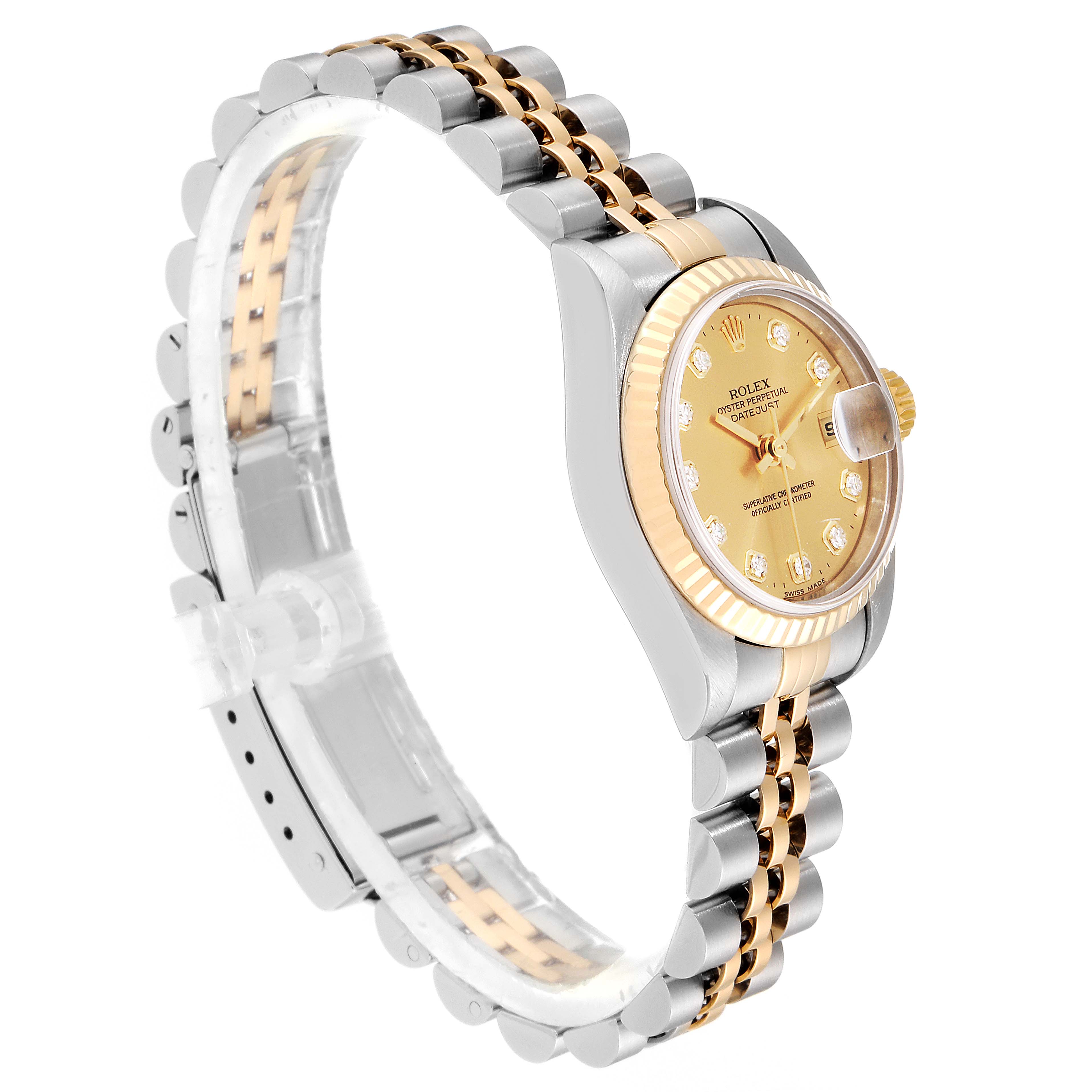 The Rolex Datejust 79173  Women
s Steel and Gold (two tone) Champagne Dial 79173  Women
s Steel and Gold (two tone) Champagne Dial watch is shown at an angle emphasizing the side, bezel, dial, and two-tone bracelet.