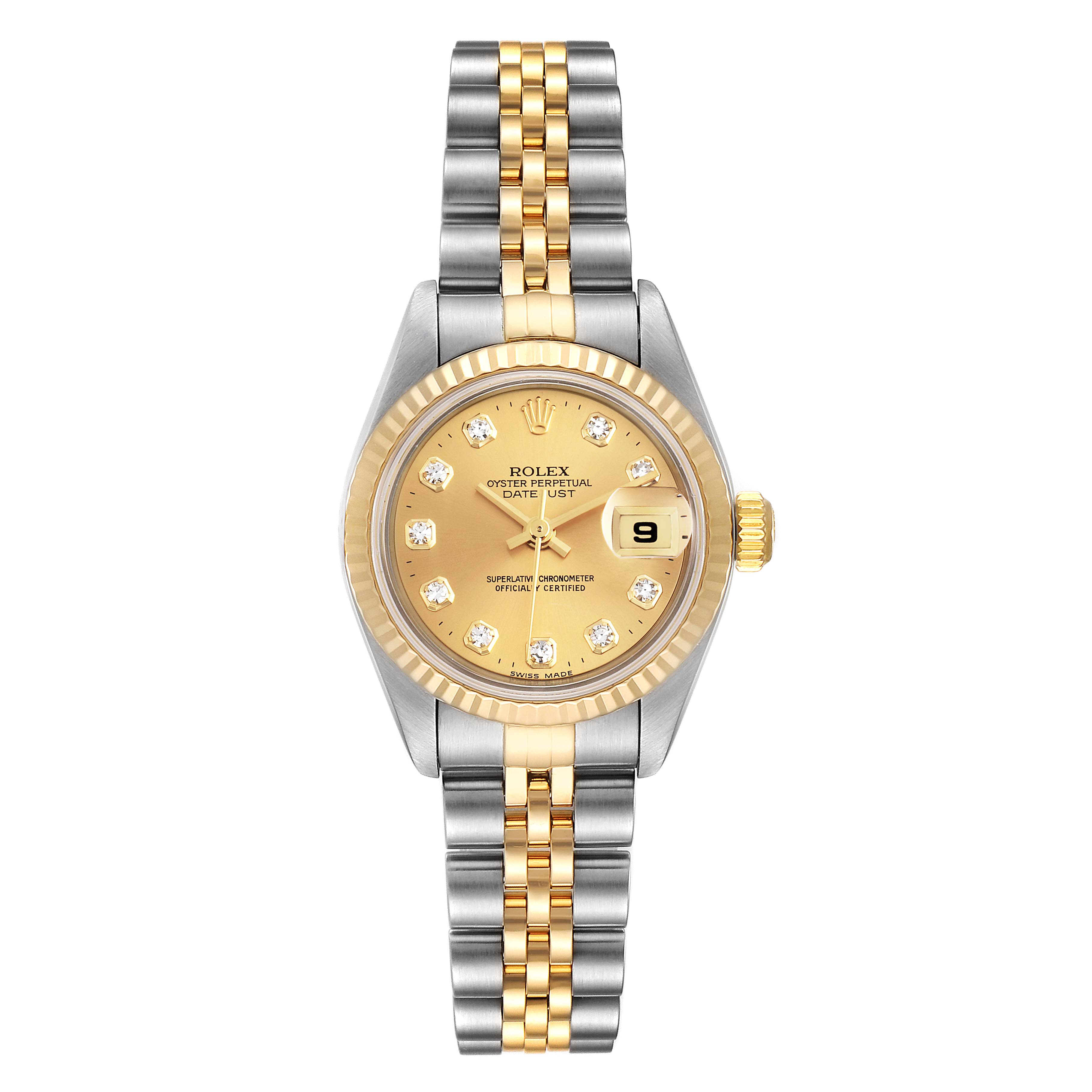 The image shows a front view of a Rolex Datejust 79173  Women
s Steel and Gold (two tone) Champagne Dial 79173  Women
s Steel and Gold (two tone) Champagne Dial watch, displaying the dial, bezel, crown, and two-tone bracelet.